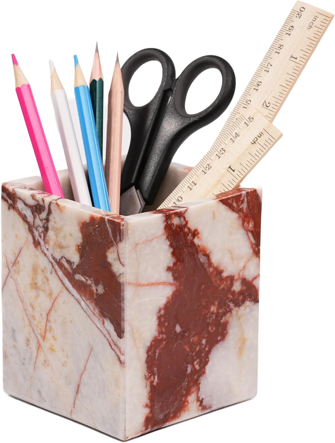 Marble Makeup Brush Holder - Red Candle Toothbrush Cup for Bathroom Accessories, Decorative Pencil Organizer for Office Desk Aesthetic, Stone Utensil Container for Kitchen Countertop