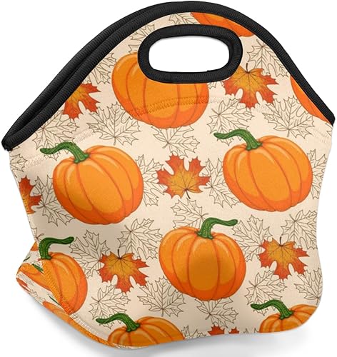 Miniatura 2 de Bolsa de almuerzo de neopreno con diseño de calabaza y hojas de arce de otoño, para Acción de Gracias, suave, lavable, reutilizable, aislada,