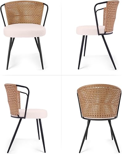 Miniatura 7 de BedsPick Juego de 4 sillas de comedor de ratán, silla de cocina tapizada con respaldo de caña con cojín de bucle, asiento de comedor con respaldo de