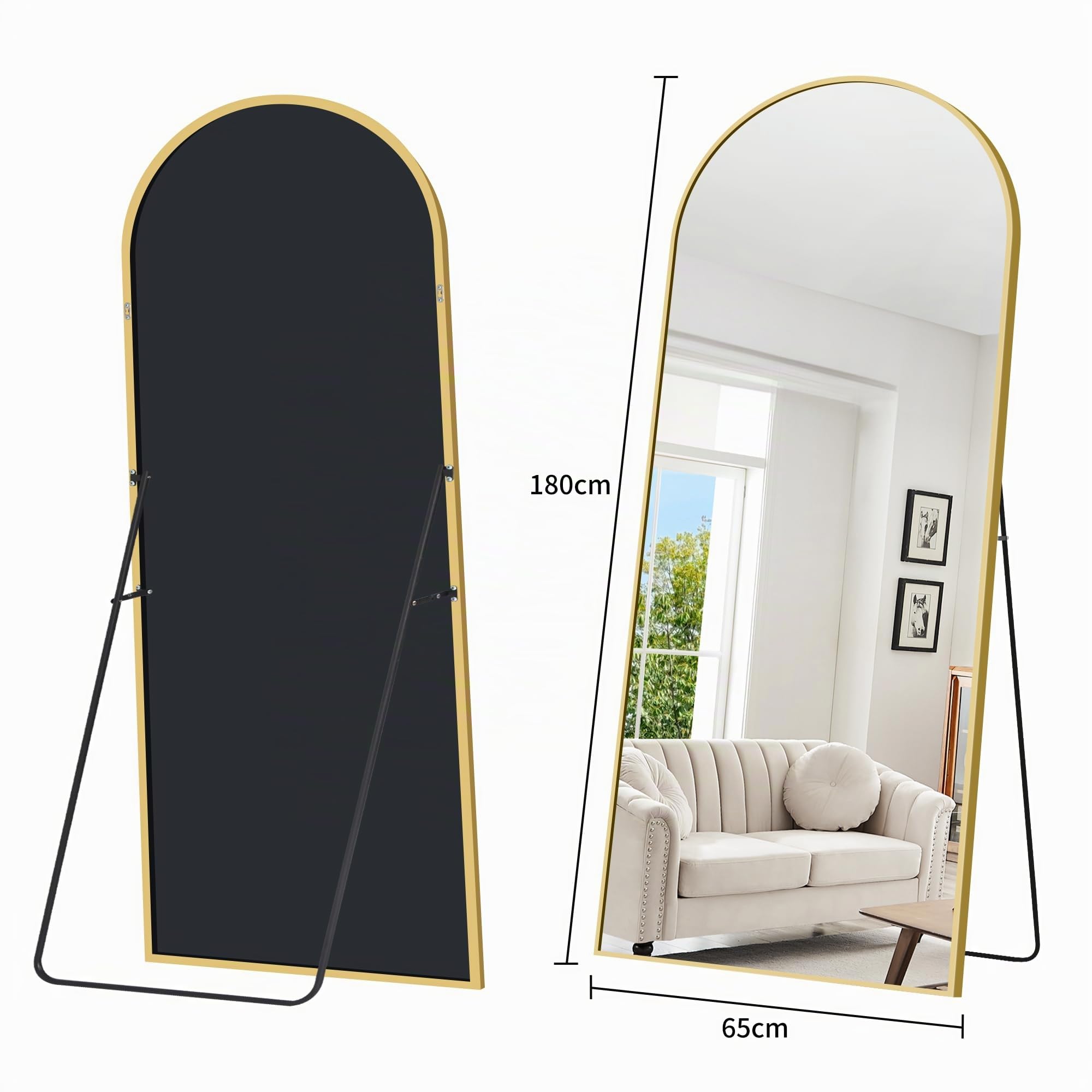 WOLIBEER Miroir sur Pied 179 x 65 cm, Grand Miroir Arqué en Pleine Longueur avec Cadre en Aluminium Doré, Miroir Mural sur Pied pour Salle de Bain, Chambre à Coucher, Entrée, Couloir, Vanité