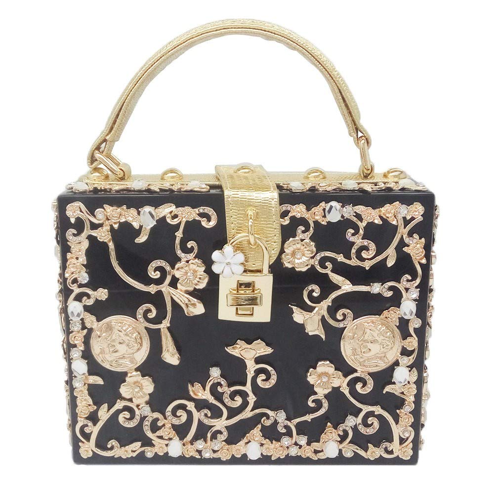 Boutique De FGG Acrylic & Flower Designer Shoulder Bags for Women Crossbody Bag Rhinestones Box Tote Evening Handbags,Small