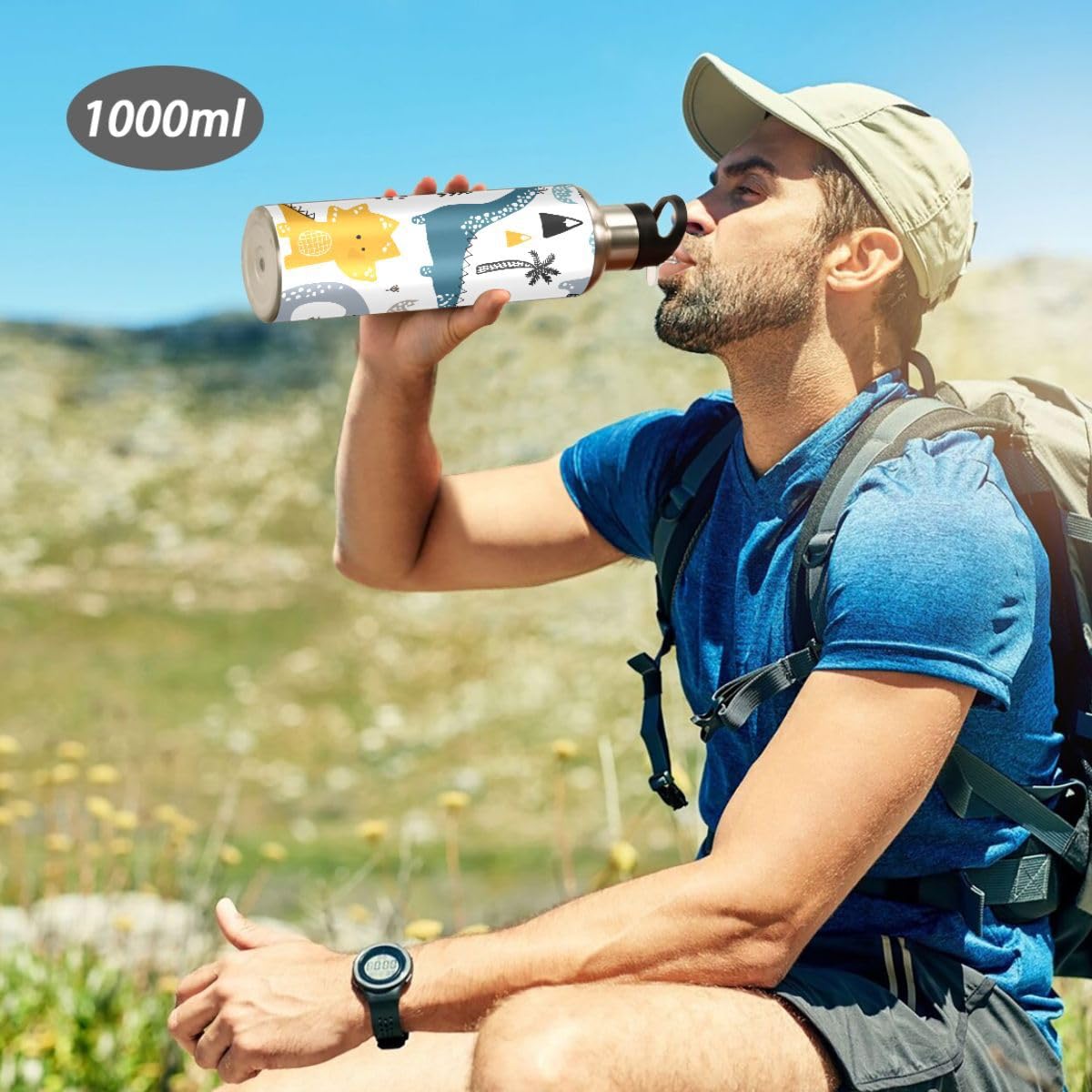 Isolierte Edelstahl-Wasserflasche 600 Ml – Mit Strohhalm, Auslaufsicher, Dino-Muster (weiß Marmoriert)
