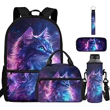 Xhuibop Aesthetic Cat Backpack for Girls Elementary School Backpack With Lunch Box & Pencil Case & Water Bottle Sleeve Keychain 17 Inch Kids Kindergarten Supplies Students Back to School Gift 5 PCS