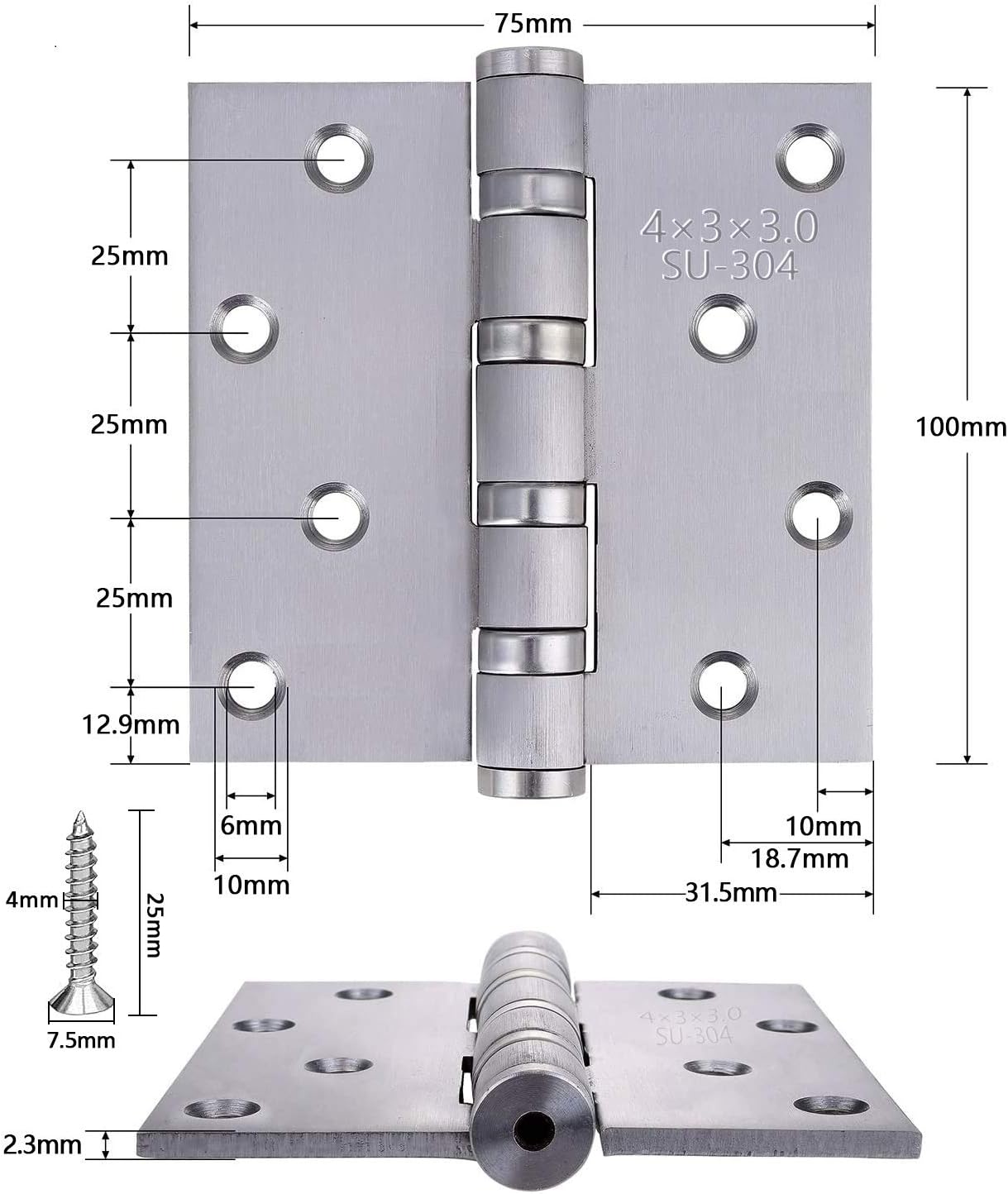 Door Hinge 4 inch (100 x 75 x 2.3 mm) Butt Hinges 304 Stainless Steel Ball Bearing Door Hinges for Internal & External Doors - Image 3
