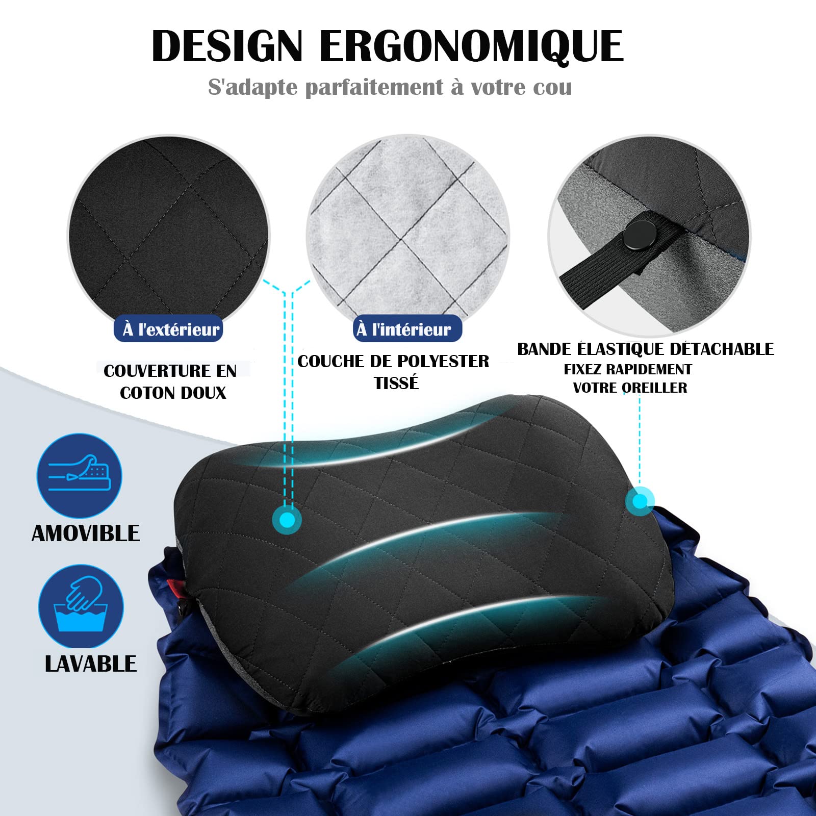 Sieste Bureau Extérieur Oreiller Gonflable Ultraléger VICKSONGS | 135g, 47x32x12cm | Pour Camping, Randonnée, Voyage Coussin Camping