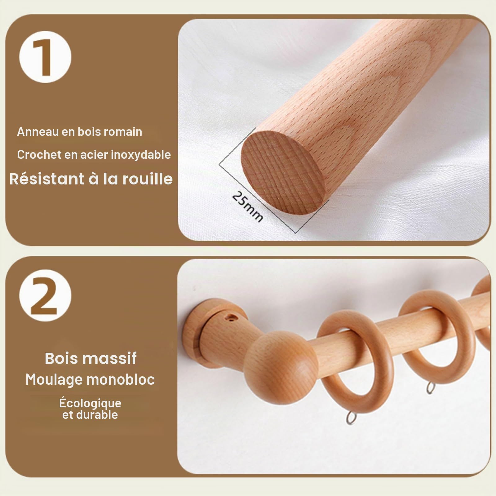 Tringle rideau bois écologique en hêtre durable, Barre silencieuse pour salons et chambres(260 cm (3 Brackets))