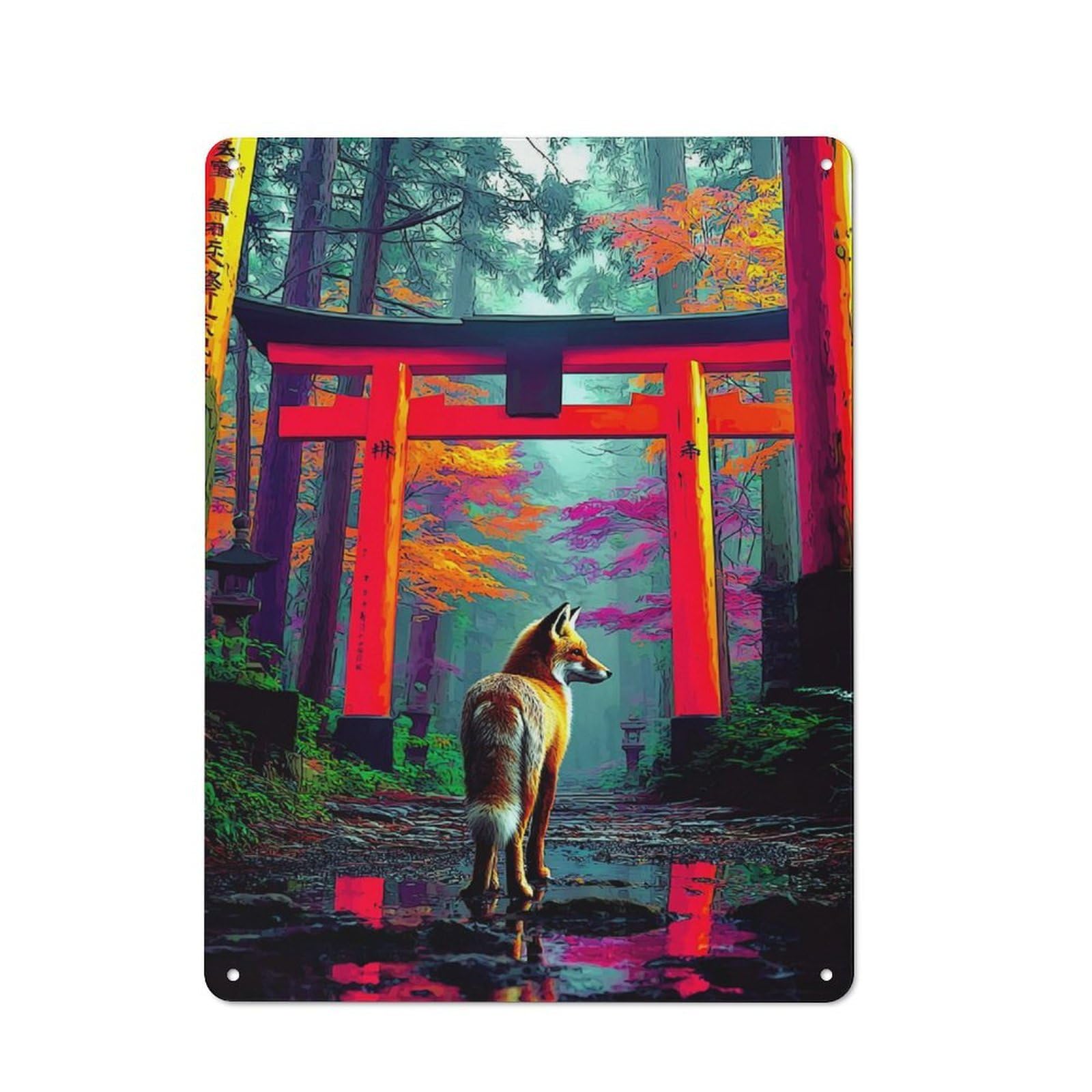 Junmoney Fox At The Torii Gate -1 Tin Wall Plaque 40X30cm With For Man Cave Or Games Room, For Garage, Workshop And Man Cave Decoration