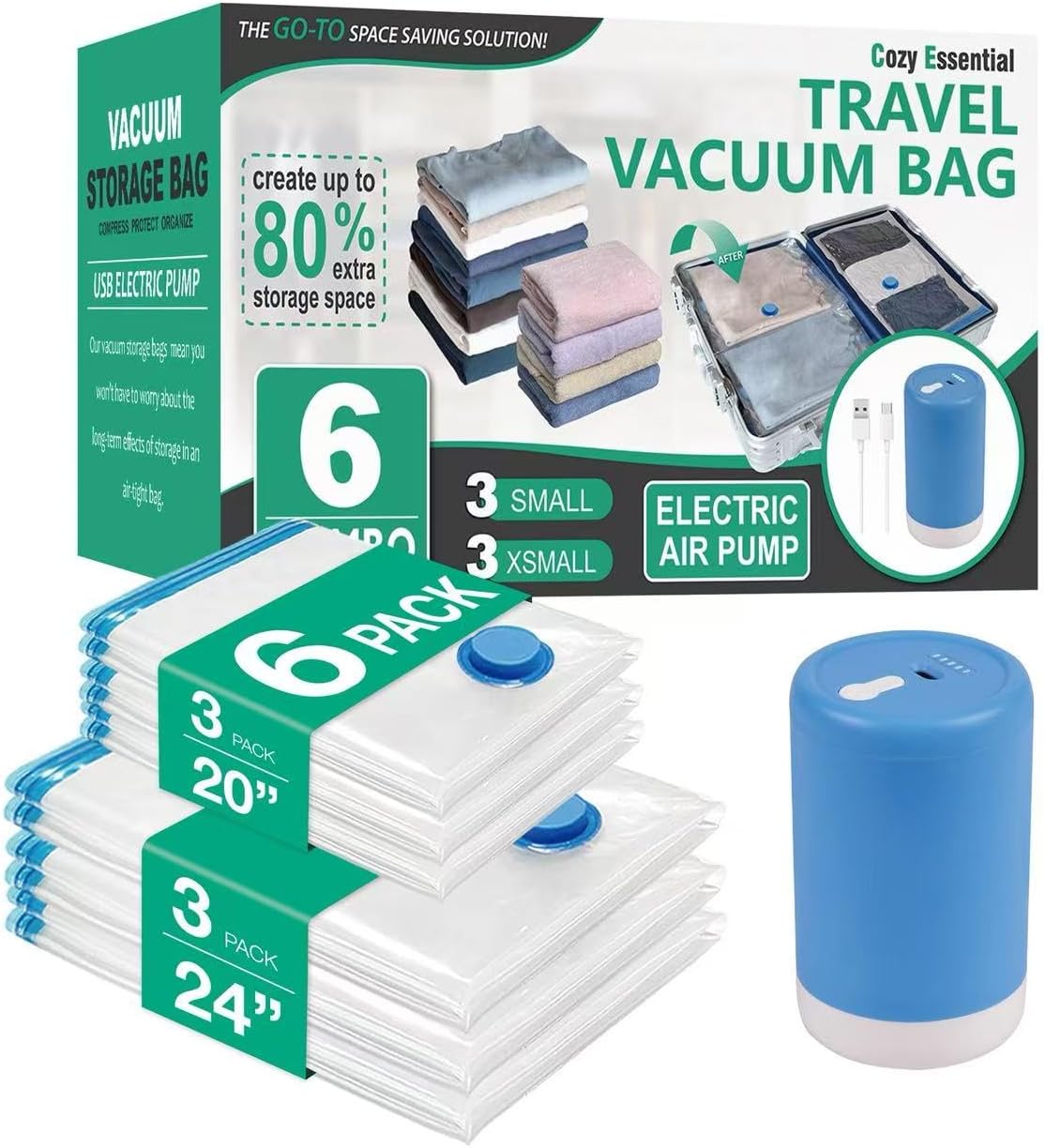 Cozy Essential Travel Vacuum Bags with Electric Pump, 6 Pack Vacuum Travel Bags for Luggage and Suitcase, Vacuum Seal Space Saver Compression for Clothes Clothing