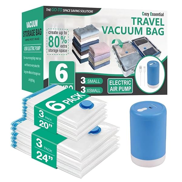 Amazon.com: Cozy Essential 6 Pack Travel Vacuum Storage Bags with Rechargeable Wireless Electric Pump for Luggage, Suitcase, Carry-on Size Vacuum Seal Compression Space Saver Bags for Clothes and Clothing Travel : Home & Kitchen