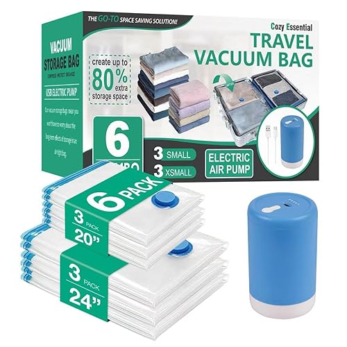 Cozy Essential 6 Pack Travel Vacuum Storage Bags with Rechargeable Wireless Electric Pump for Luggage, Suitcase, Carry-on Size Vacuum Seal Compression Space Saver Bags for Clothes and Clothing Travel