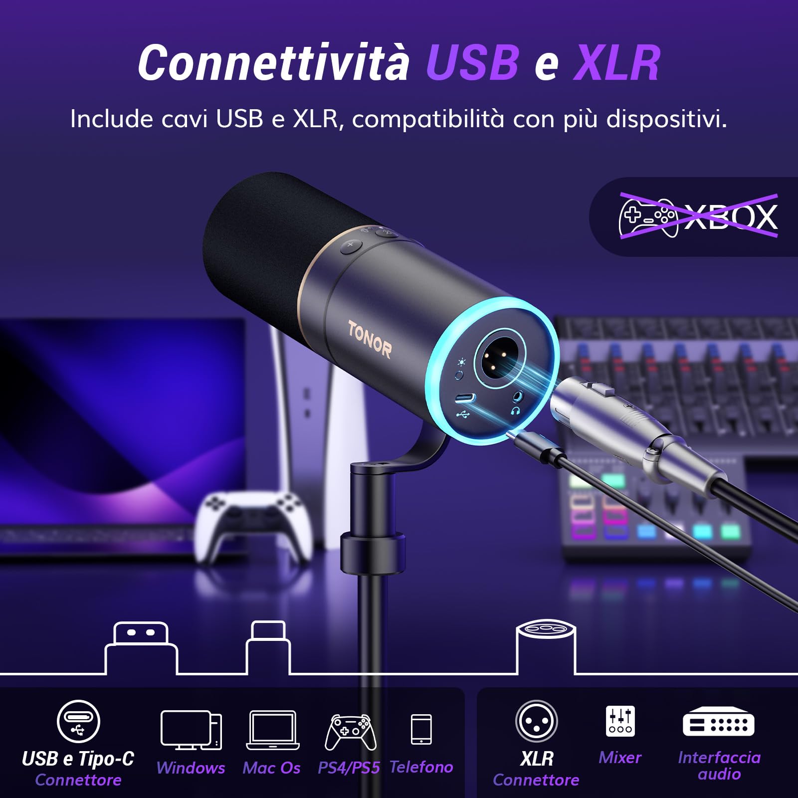 Microfono Dinamico TONOR TD510 Con Braccio - USB/XLR, Pattern Cardioide, Per Podcast, Streaming, Gaming