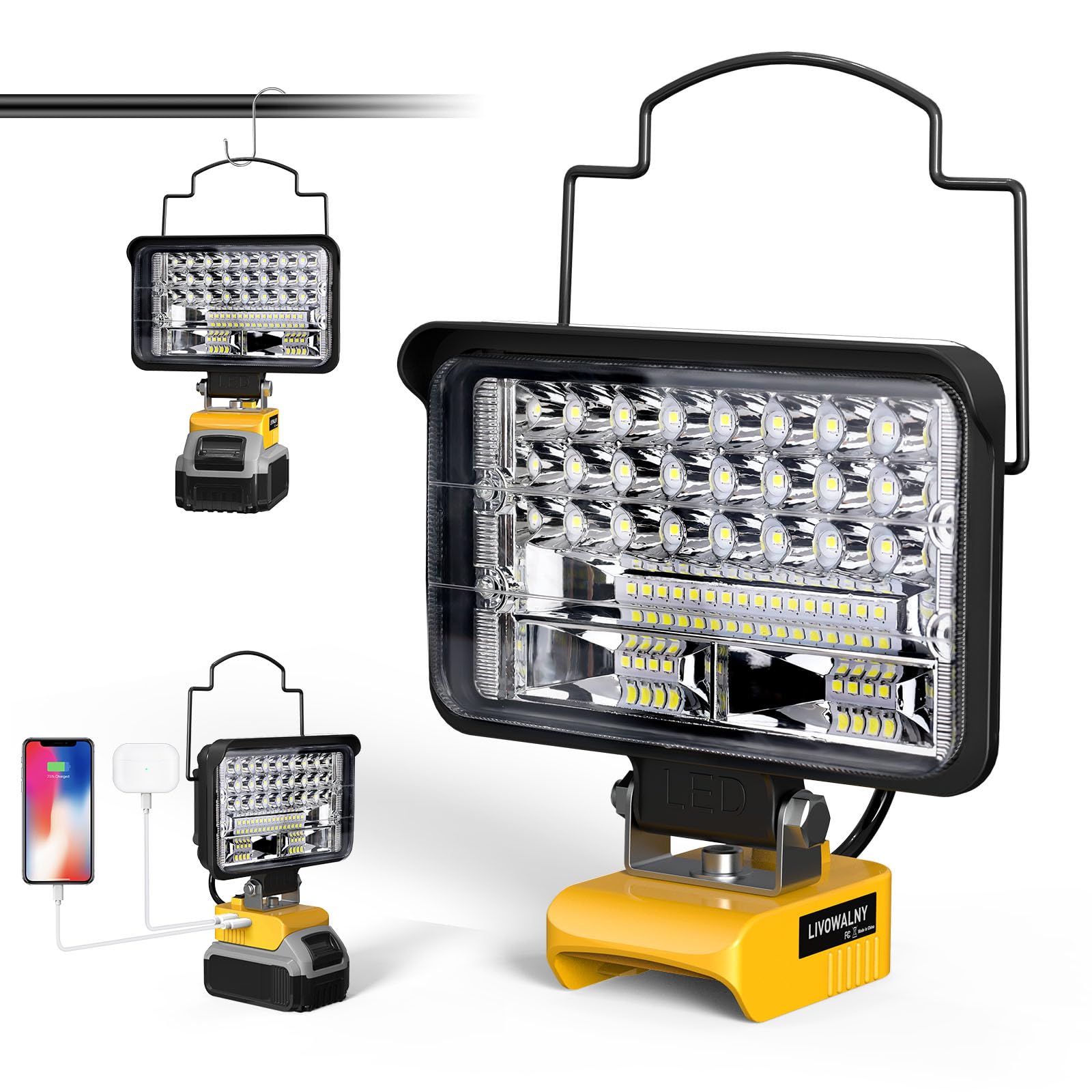LIVOWALNY Cordless LED Work Light Compatible with Dewalt, 78W 7800LM 5" 20V Battery Flashlights with USB & Type-C & Low Voltage Protection & 140°