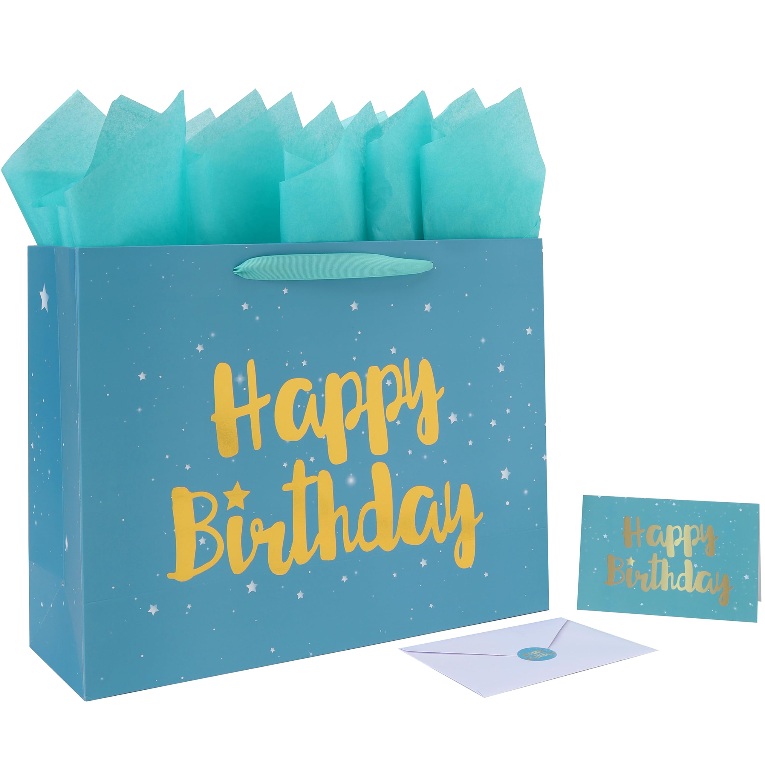 Qirrmiy 16.5” Extra Large Teal Blue Happy Birthday Gift Bag Set with Handles, Green Greeting Card, Tissue Papers and Stickers for Men Boys Women Girls