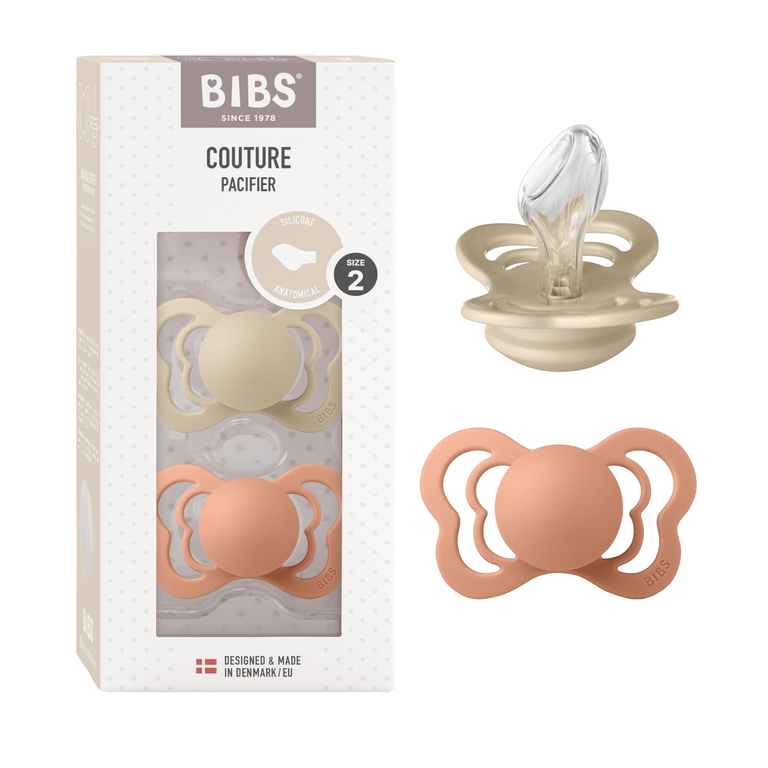BIBS Couture Baby Pacifier 2 Pack | Made in Denmark | BPA Free Dummy Soother, Anatomical Nipple. Silicone, Size 2 (6 18 Months), Vanilla/Peach