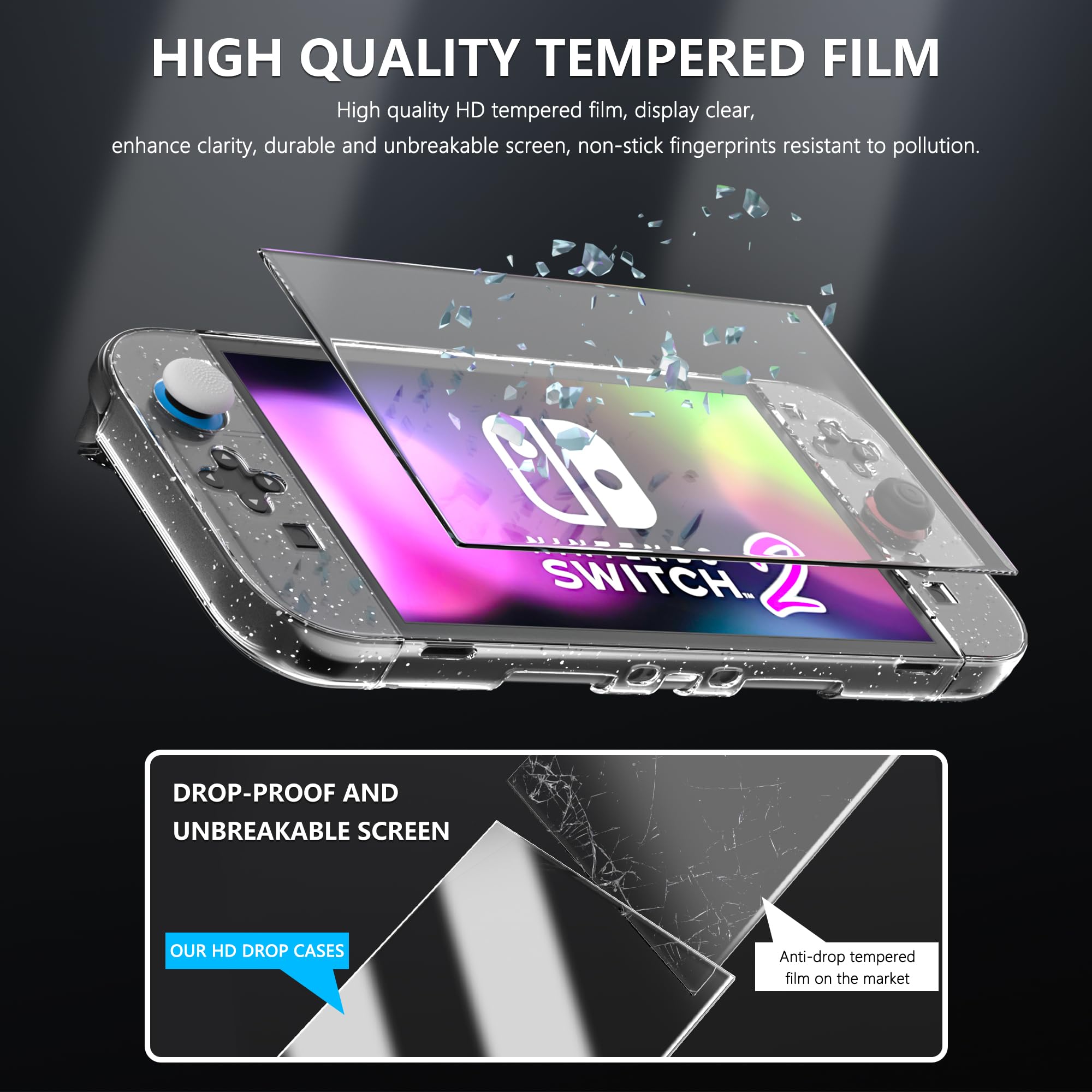FANPL Custodia trasparente glitterata per Nintendo Switch 2 (2025), custodia protettiva agganciabile per Switch 2 e controller Joy Con con pellicola protettiva per lo schermo, 4 tappi per pollice
