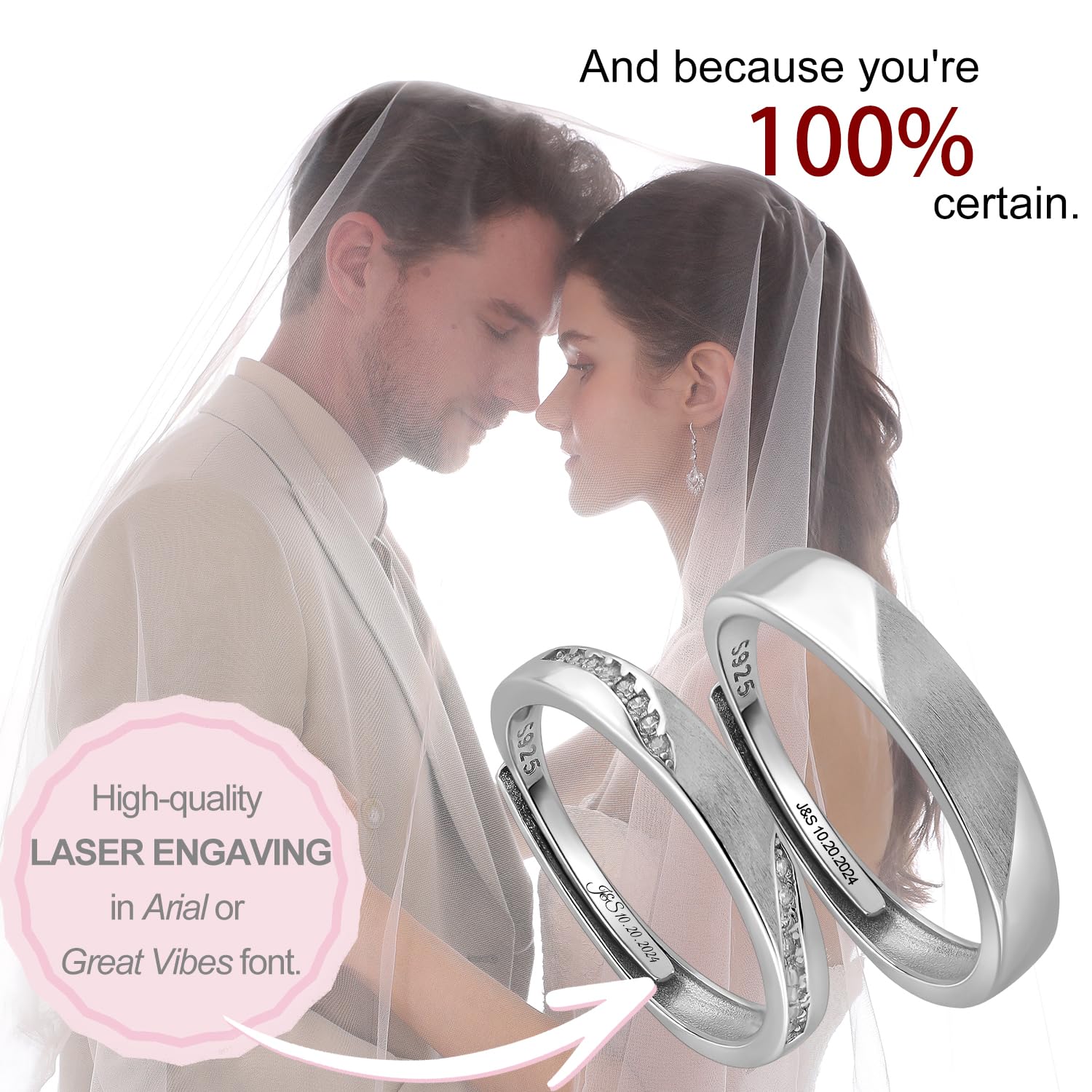 Meissa Anelli di coppia Argento 925 Fedi nuziali con diamanti dainty Uomo e donna Anello della promessa Anello di fidanzamento Misura regolabile