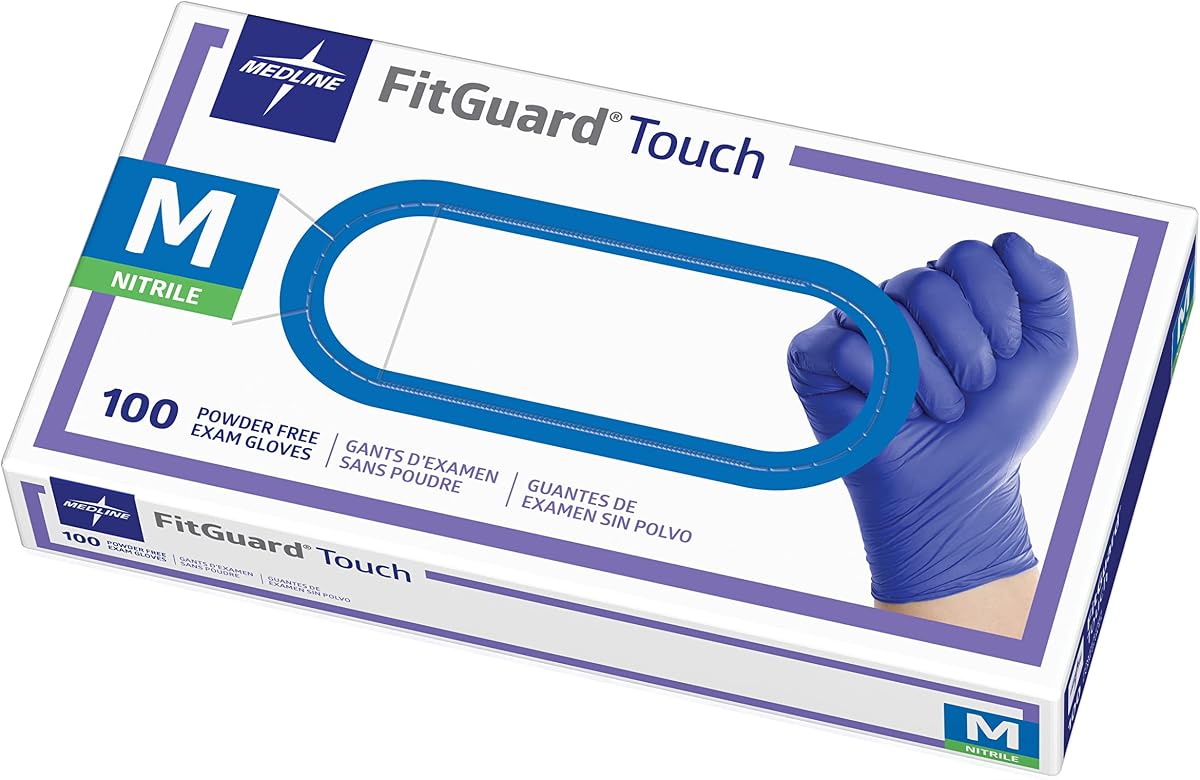Medline FitGuard Touch Nitrile Exam Gloves, 100 Count, Medium, Powder Free, Disposable, Not Made with Natural Rubber Latex, Excellent Sense of Touch for Medical Tasks, Durable for Household Chores
