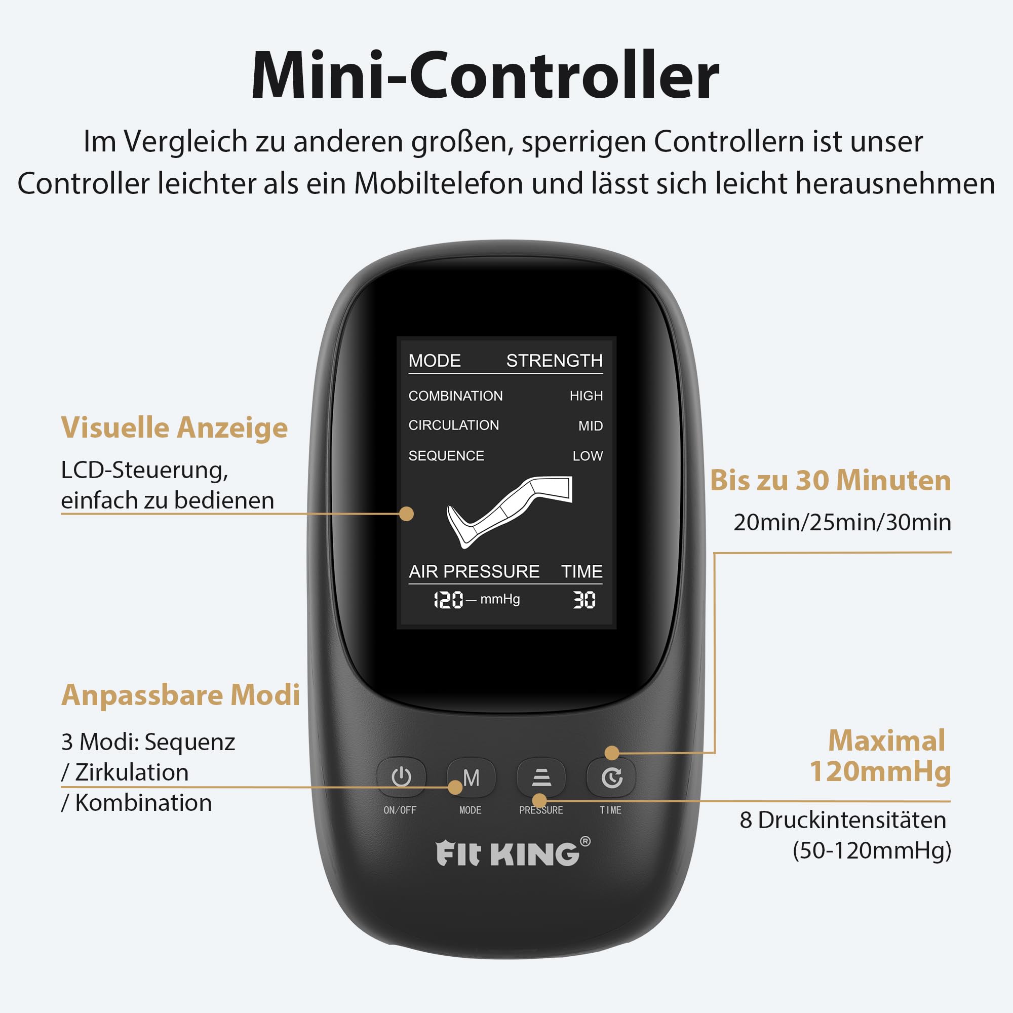 FIT KING Beinmassagegerät mit Luftkompression für Fuß Waden und Oberschenkel Massagegerät für Beine 4 Massagezonen, 3 Modus & 8 Intensitätsstufen ideal zur Muskelentspannung nach dem Sport (Mittel)