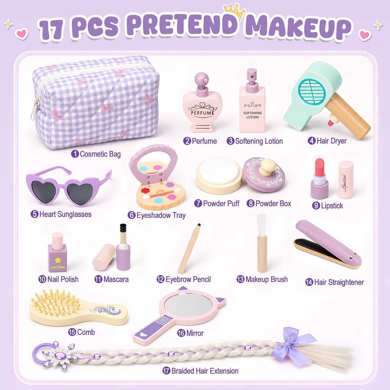 Wooden Pretend Makeup Toy Set for Toddlers 3-8, Safe Non-Toxic Play Makeup | Pretend Play Makeup Kit for Girls, Princess Salon Role Play Toy with Tie-On Princess Braid, Birthday Gift