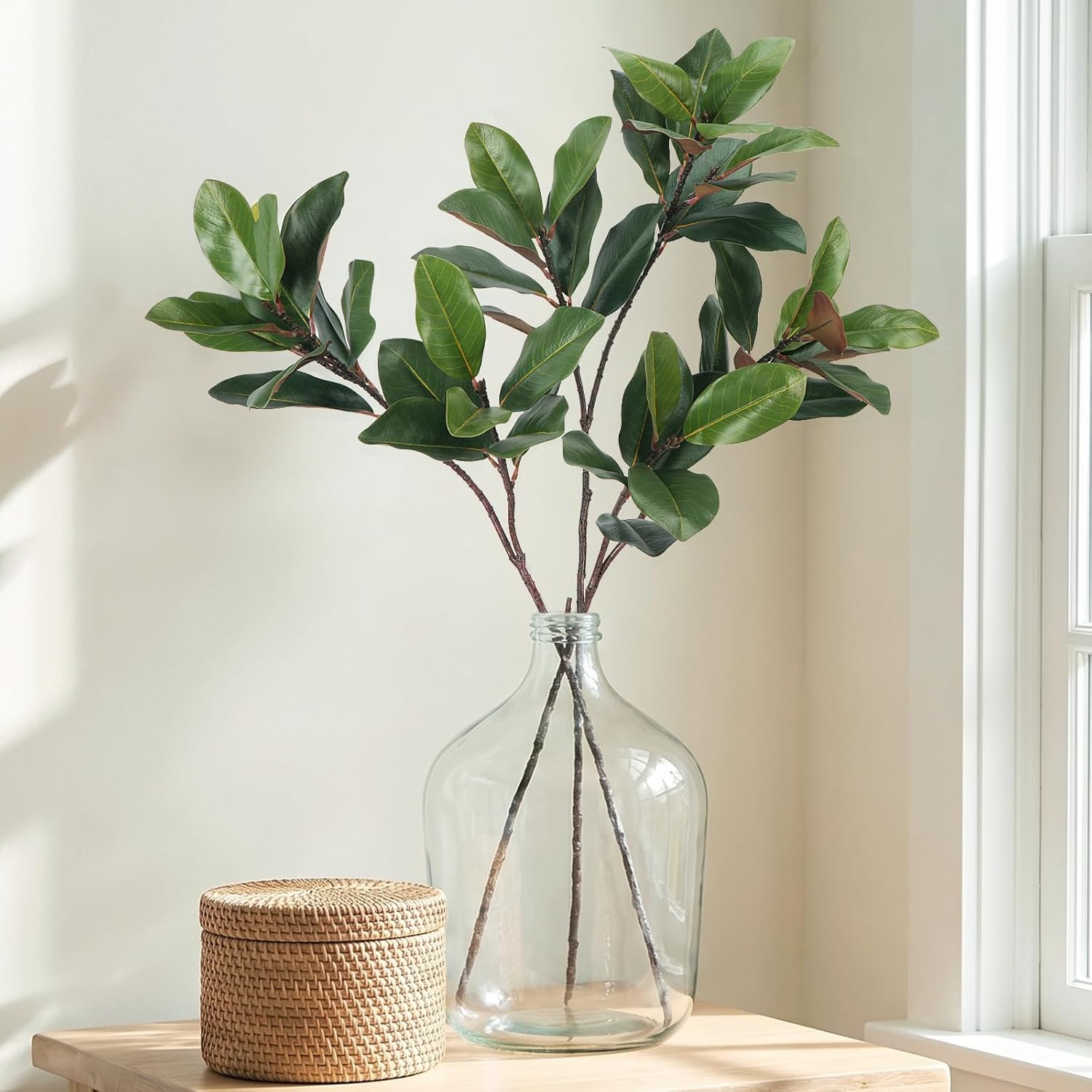 3 PCS 32" Faux Magnolia Stems Branches with 17 Leaves Artificial Greenery Long Stems Realistic Fake Banana Leaves Decorative Plants for Vase Kitchen Office Table Home Decor