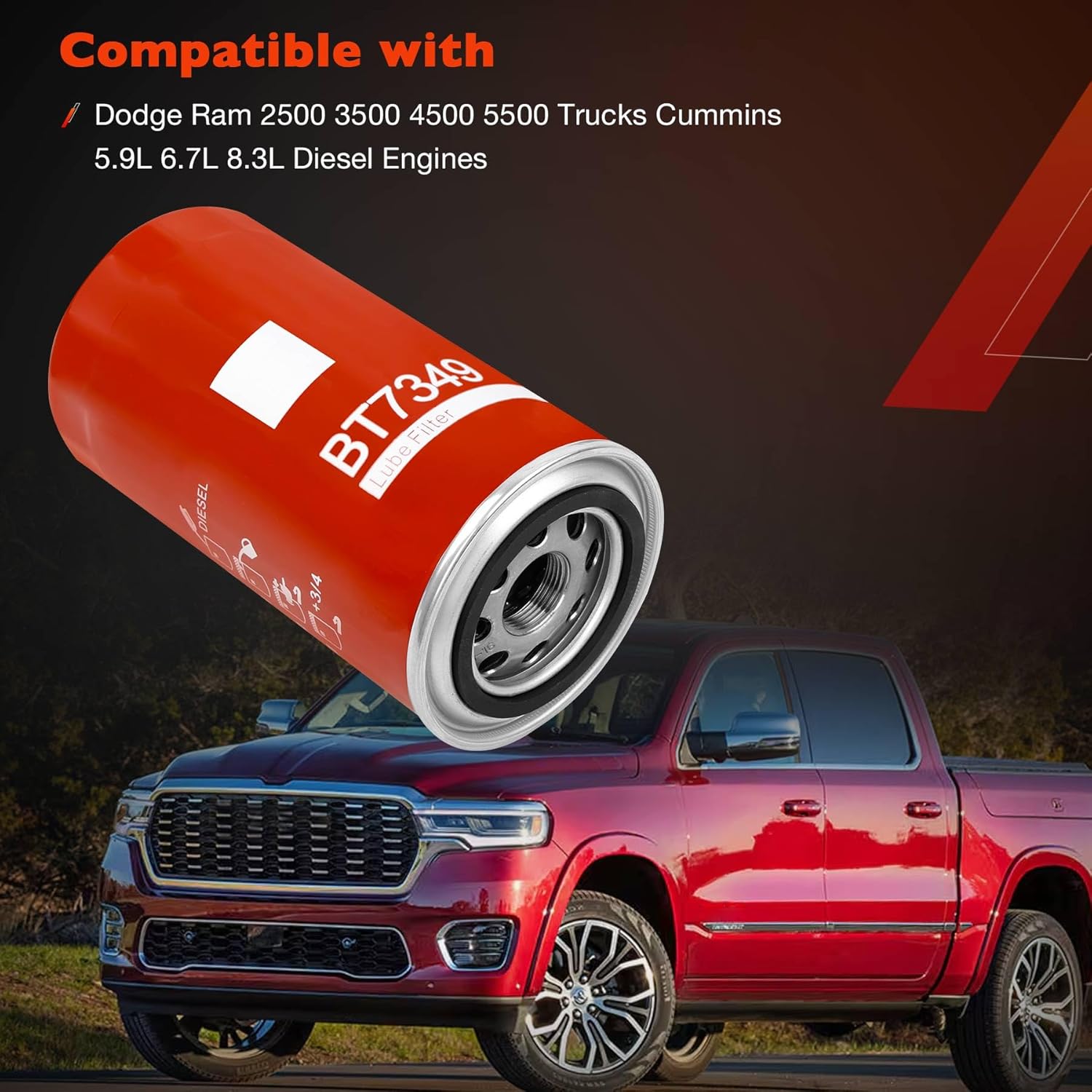 5.9L 6.7L Cummins Oil Filters Fit for Dodge Ram 2500 3500 4500 5500 Trucks 8.3L Diesel Engines, Replaces BT7349, 5083285AA, P550722 (3 Pack)