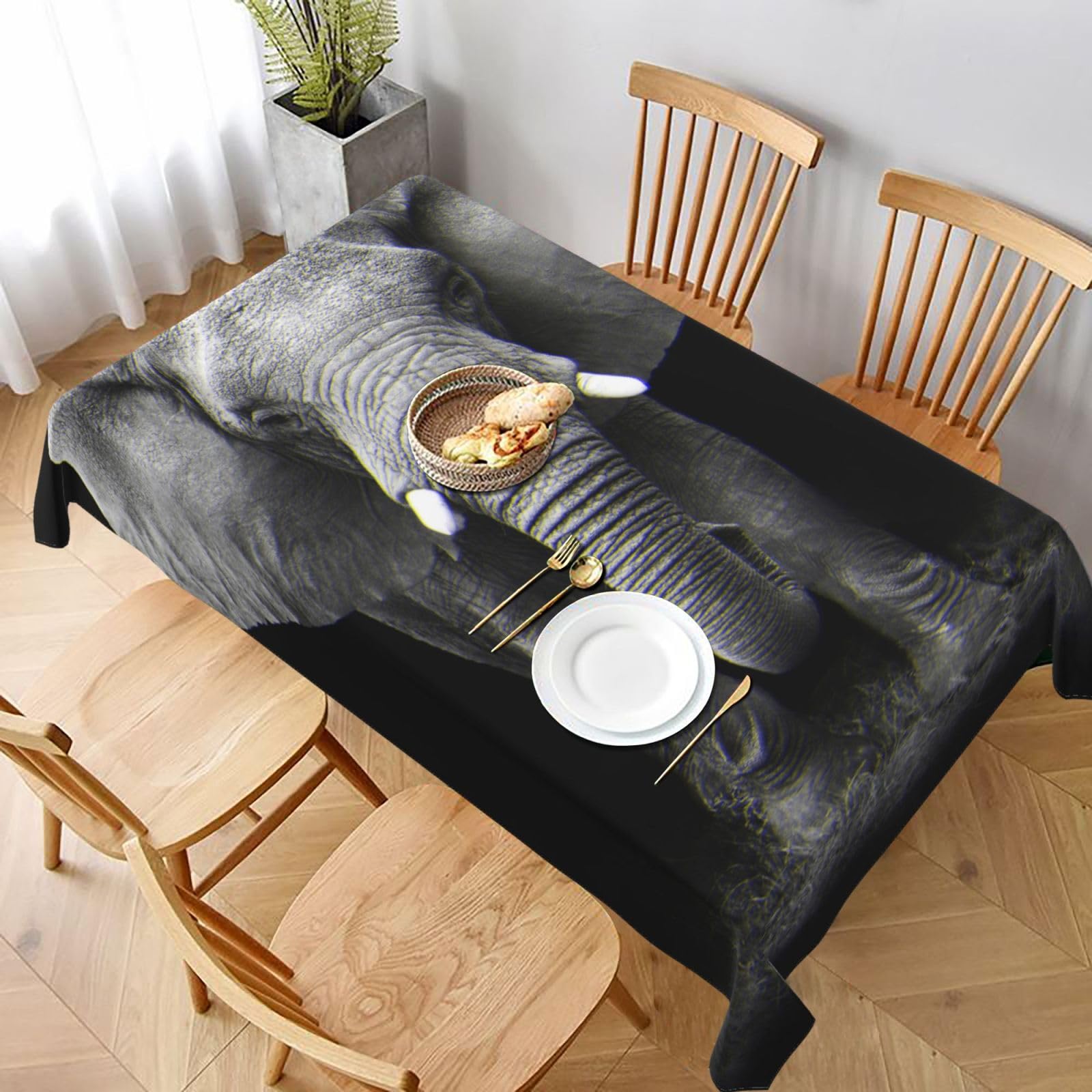 BNVSADC 3D Gray Elephant Printed Rectangle Tablecloth 228x152 CM, Water Resistant Polyester Table Cloth Decorative Fabric Table Covers for Kitchen Dining Table Parties Camping