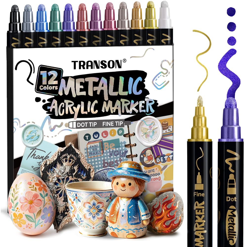TRANSON 12Colors Metallic Paint Markers Bold and Fine Dual-tip for Rock Wood Ceramic Canvas DIY Painting Drawing