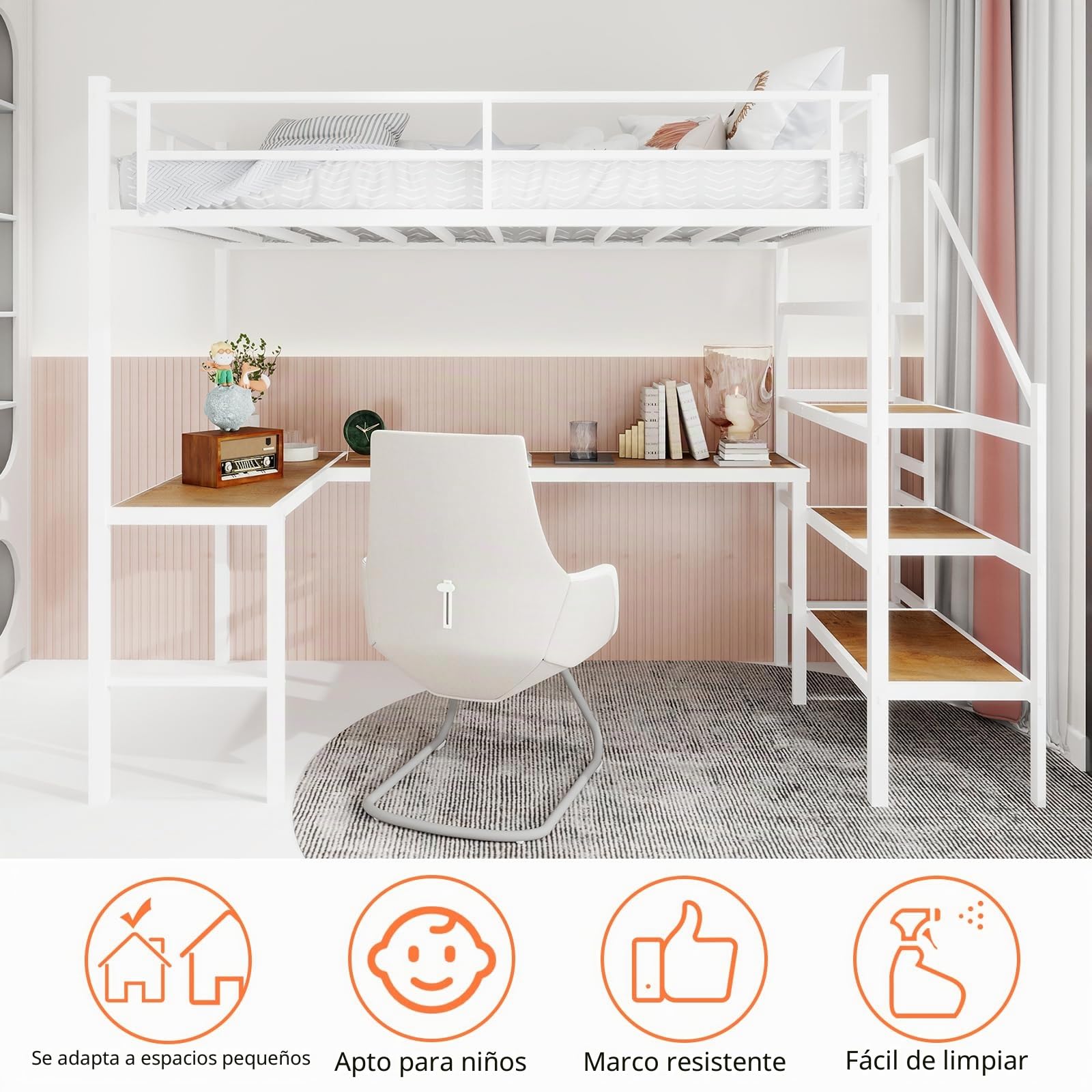 Cama alta de metal 90 x 190 cm, con escritorio, escalera con amplio espacio de almacenamiento y compartimentos, barandilla de seguridad, color blanco (sin colchón)