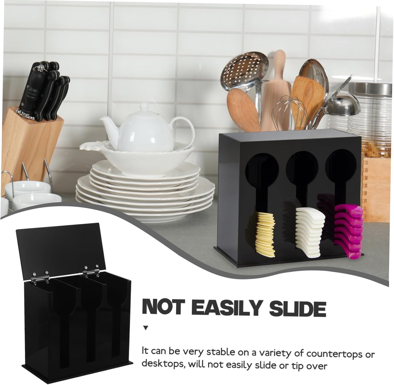 3-Compartment Acrylic Utensil Dispenser Dual Color Kitchen Spoon Organizer for Cutlery Storage Large Capacity Table Cutlery Holder for Restaurants and Buffets Black