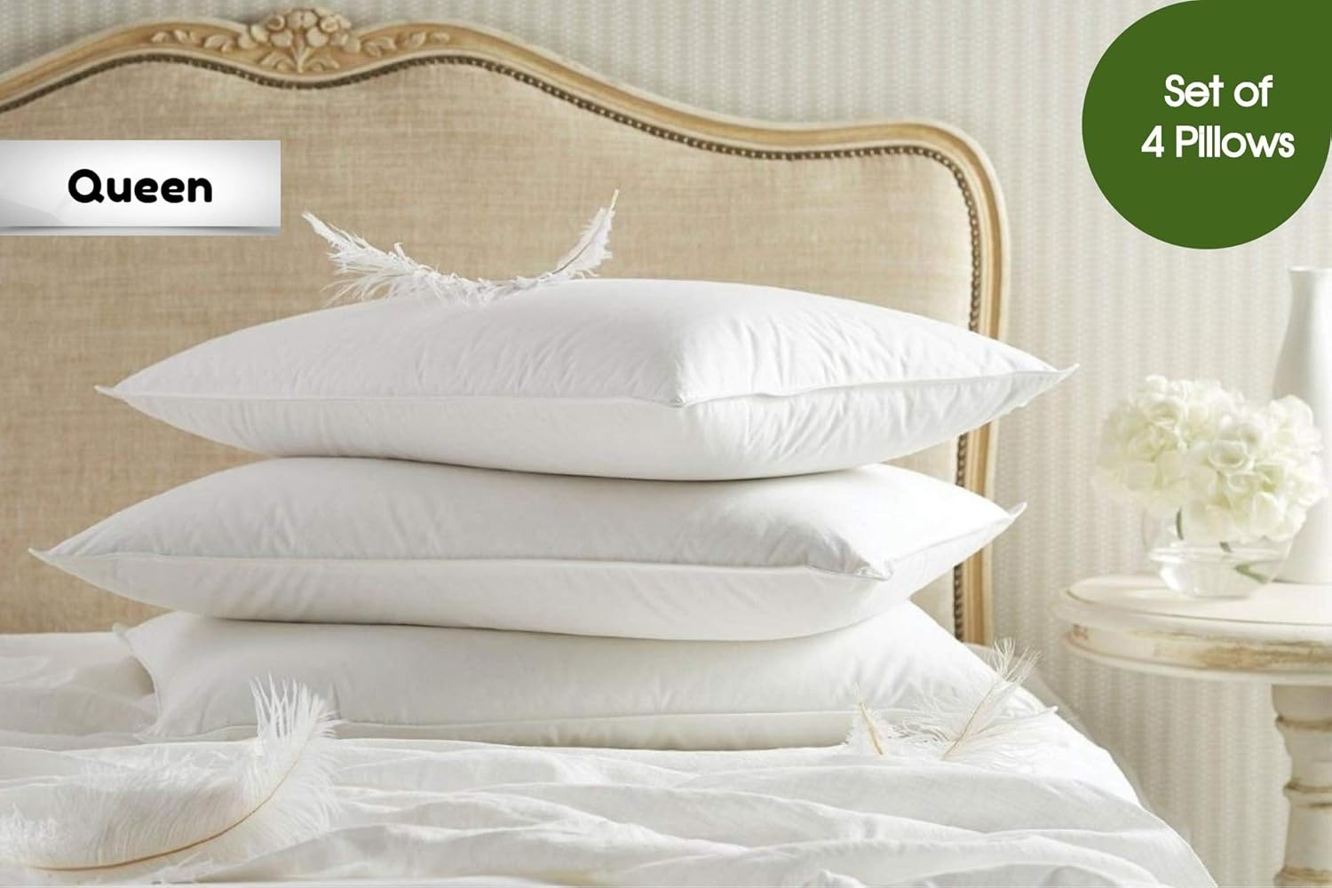 Premium Down and Feather 100% Dual-Layered Cotton Pillow (Queen, 4 Pack)