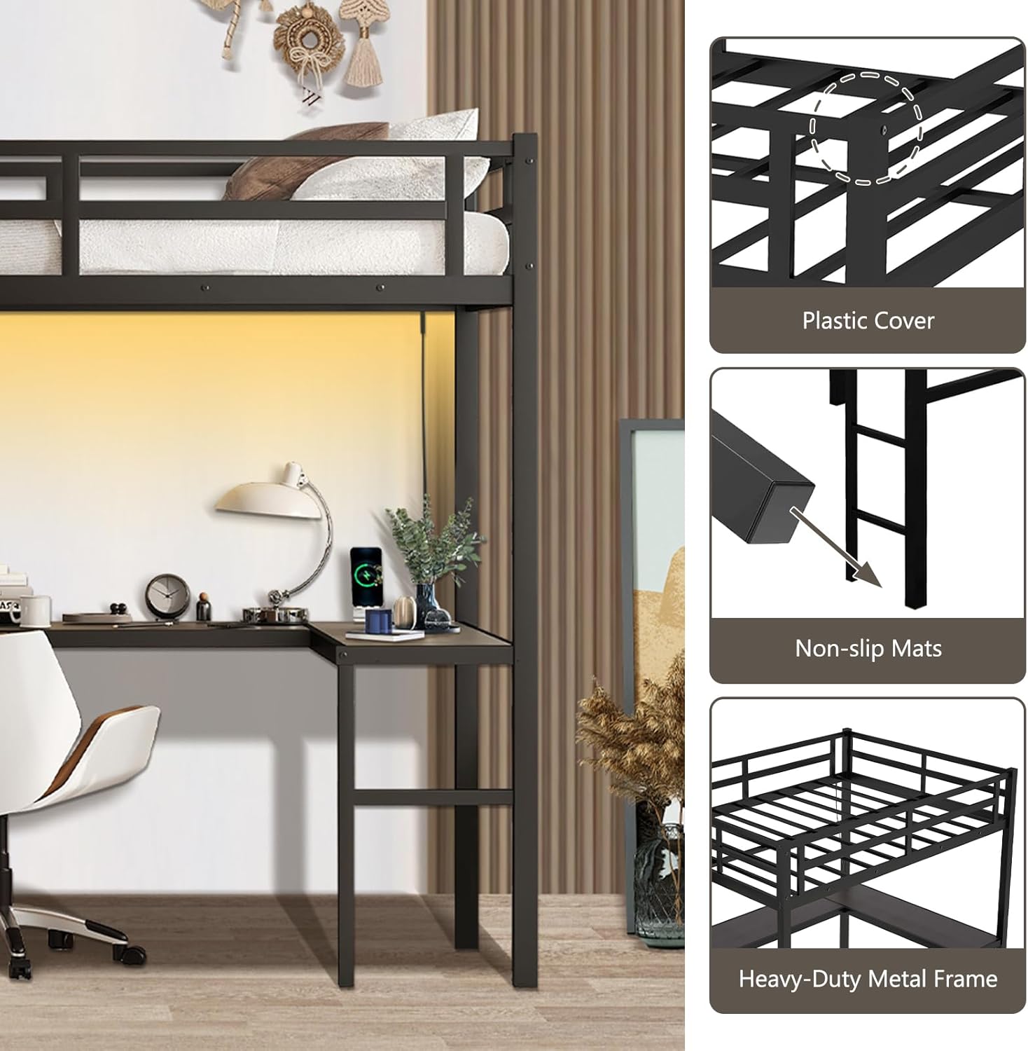 Twin XL Metal Loft Bed with Desk, Wardrobe & Stairs – Heavy Duty Frame with LED Lights & Charging Station, Space-Saving Design for Teens & Adults (Black, Twin XL)