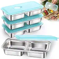 4 Pack Stainless Steel Snack Containers with Lids, 2-Compartment Reusable Food Storage Meal Prep Containers for Kids & Adults Lunch Boxes, School, Office, Travel, Camping (4)