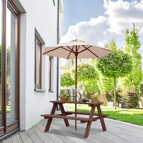 Miniatura 9 de Costzon Mesa de picnic para niños, mesa y sillas de madera de abeto para exteriores con paraguas extraíble, mesa de picnic para niños pequeños