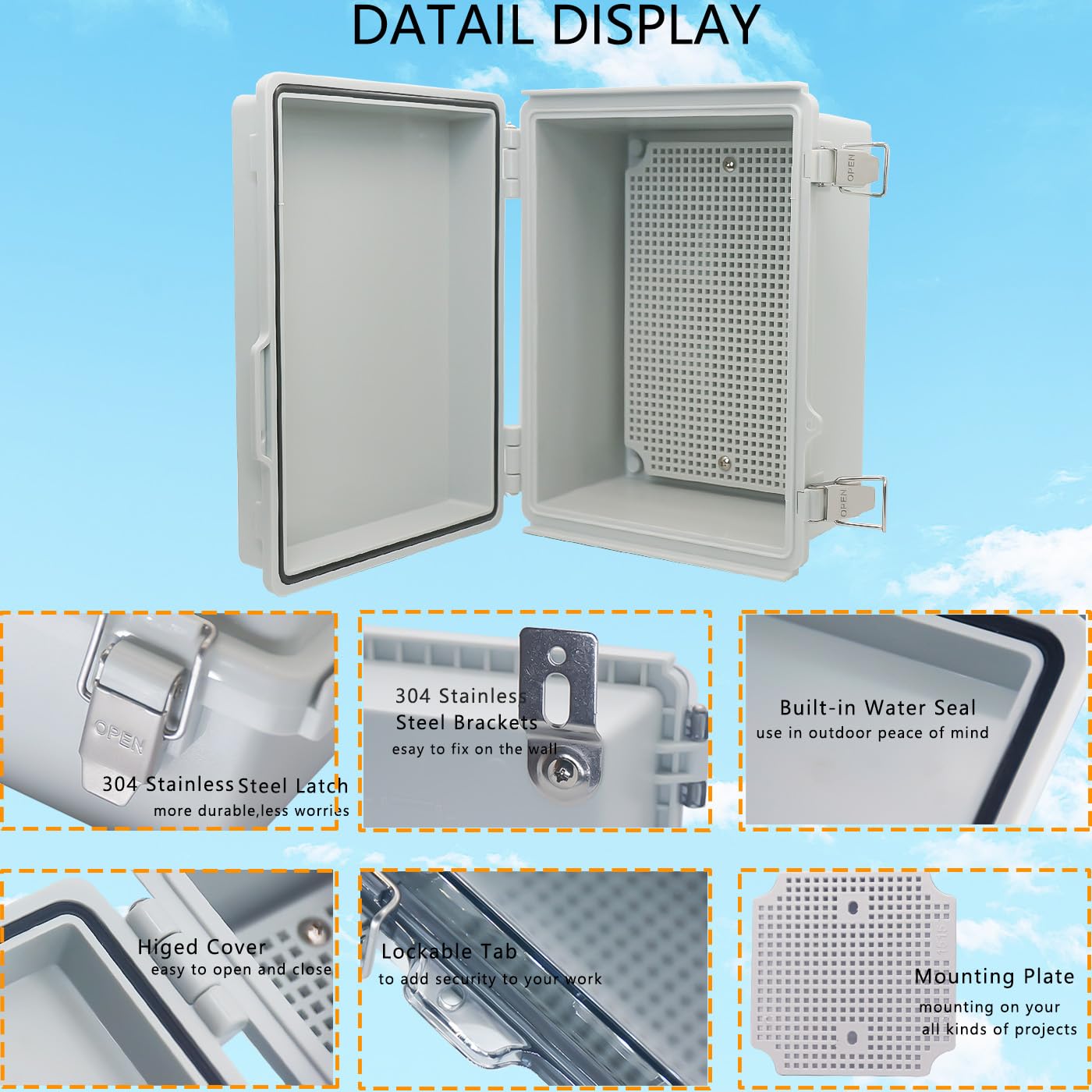 Waterproof Junction Box, ABS Plastic Electrical Box with Stainless Steel Latch, Hinged Cover Electric Project Enclosure Box with Mounting Plate, Wall Brackets & Cable Gland 8.7"x6.7"x4.3"