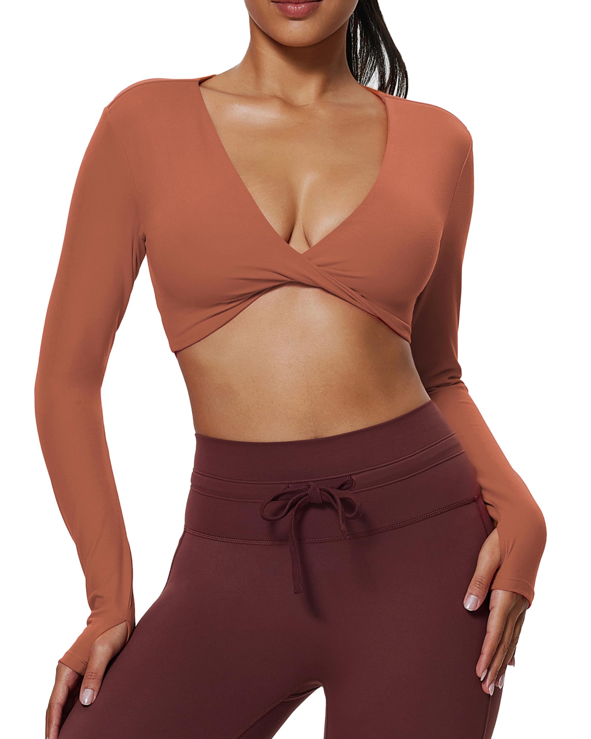 Aoxjox Long Sleeve Deep V Crop Tops for Women Sienna Open Back