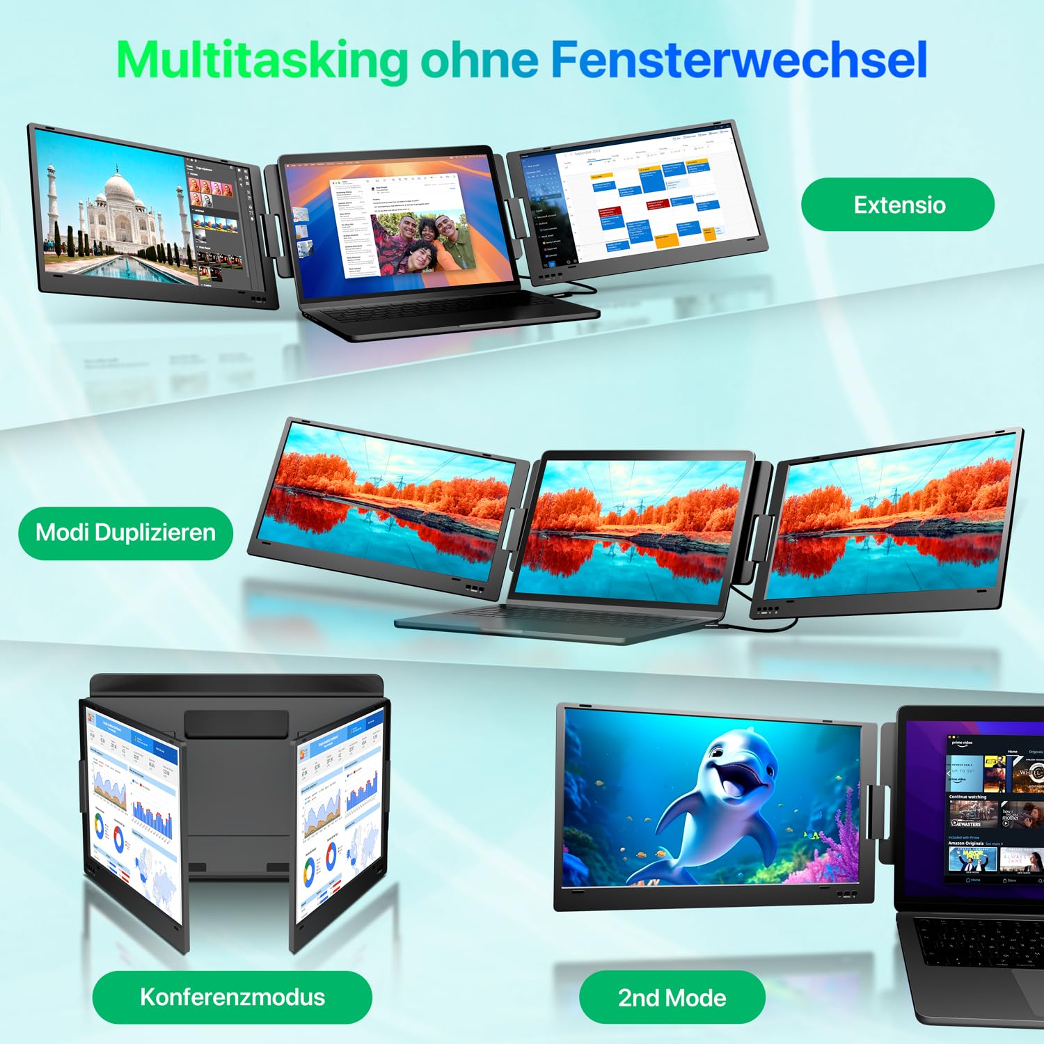 15.6 Inch Laptop Screen Extension, FHD Laptop Screen Extender, Laptop Extension 2 Monitors, Triple Screen Laptop Monitor USB-C/USB-A Extension for Laptop 12-16 Inch (Mac/Windows/Chrome) - 3