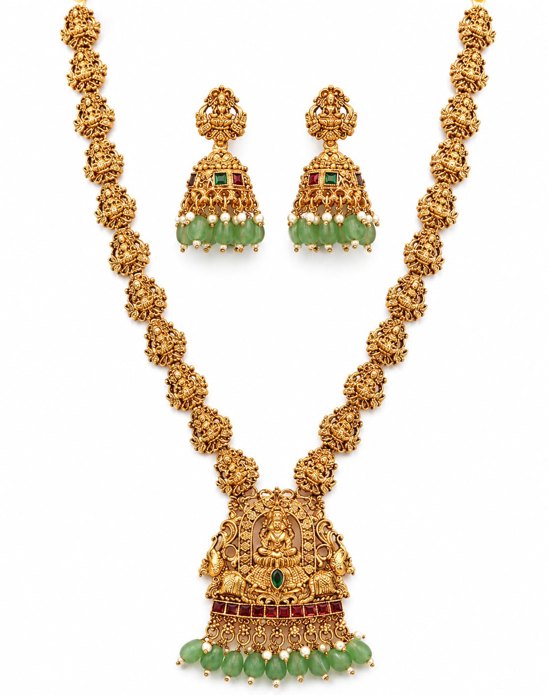 Traditional South Indian Temple Jewellery Set for Women | Antique Gold Plated Lakshmi Haram Necklace with Matching Jhumka Earrings | Green Beads & Ruby Stone Bridal Wedding Jewelry Set-picture-33