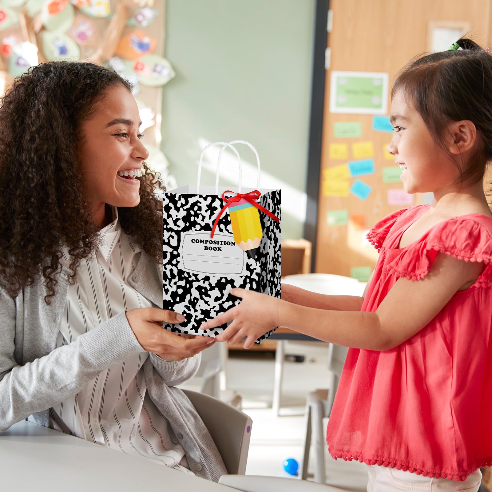 Kolldenn 36 Stück Lehrer-Geschenktüten Komposition Papiertüten mit Griffen, Notizbuch-Linie, Valentinstag, Lehrer, Geschenktüten für Kindergarten, Vorschule, Willkommensrückseite, Partygeschenke