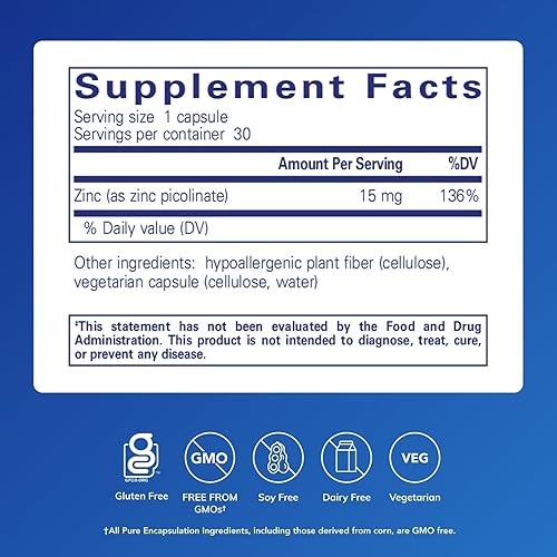 Miniatura 2 de Pure Encapsulations Zinc 15 mg - Suplemento de picolinato de zinc para apoyo, crecimiento y desarrollo del sistema inmunitario - para la curación de