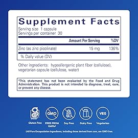 Pure Encapsulations Zinc 15 mg - Zinc Picolinate Supplement for Immune System Support, Growth & Development - for Wound Healing - 30 Capsules
