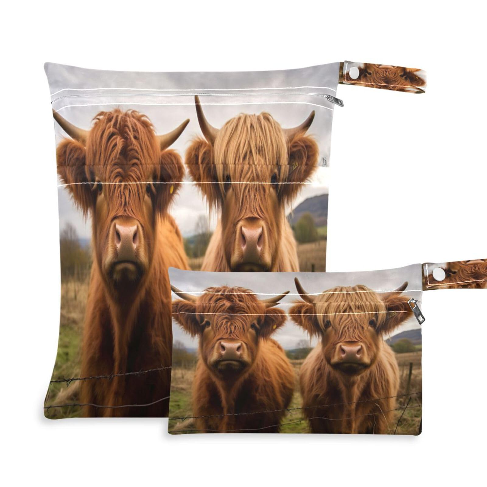 ATTX Two Scottish Highlands Cow Wet Dry Bags 2-Pack - Reusable Cloth Diaper Storage for Travel, Beach & Gym | Multi-Use Waterproof Bags for Swimsuits, Baby Clothes, Sports Gear#372
