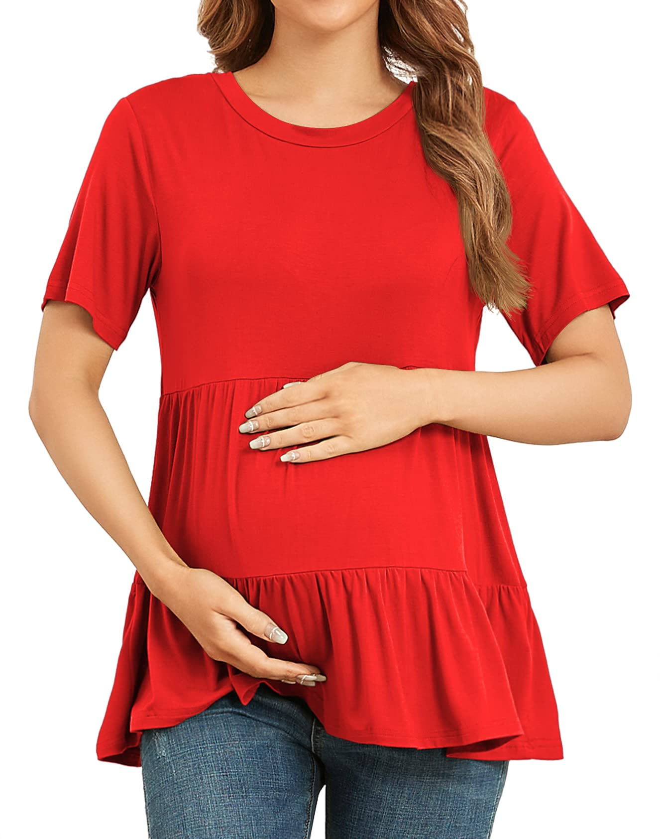 Xpenyo Women's Maternity T Shirts Short Sleeve Tiered Basic Casual Pregnancy Top