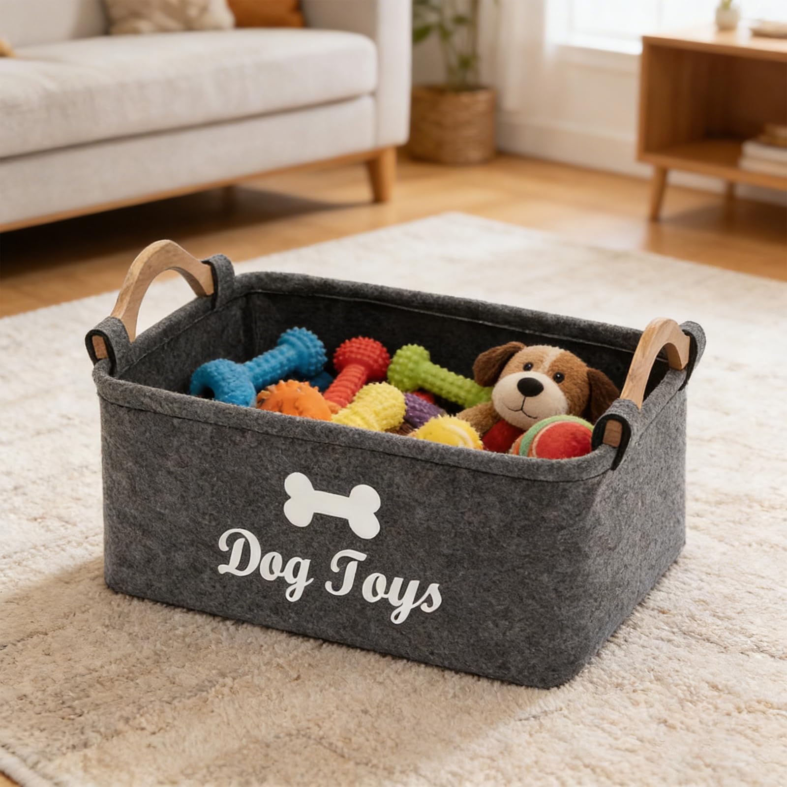 Vauki Caja de almacenamiento para juguetes para perros, 38 x 25 x 18 cm, plegable, de fieltro con mango de madera, cesta de almacenamiento para guardar suministros para mascotas y juguetes (gris