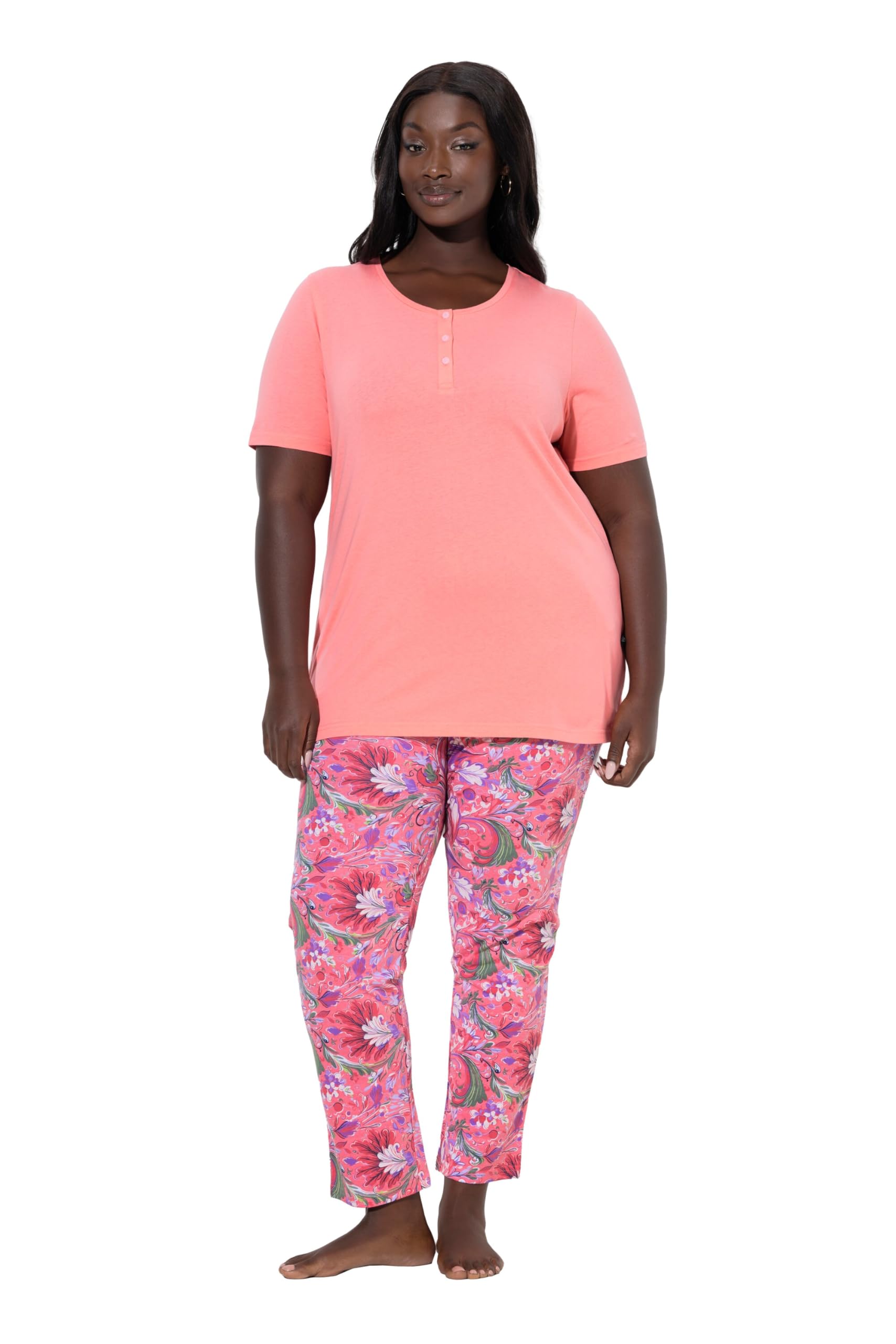 Ulla Popken Damen-Schlafanzug, Übergröße, Blumenmuster, Rundhalsausschnitt, halblange Ärmel, 835619