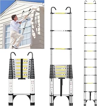 Jadduo 3.8 m Aluminium Telescopic Ladder with Hooks 150 kg Load Capacity