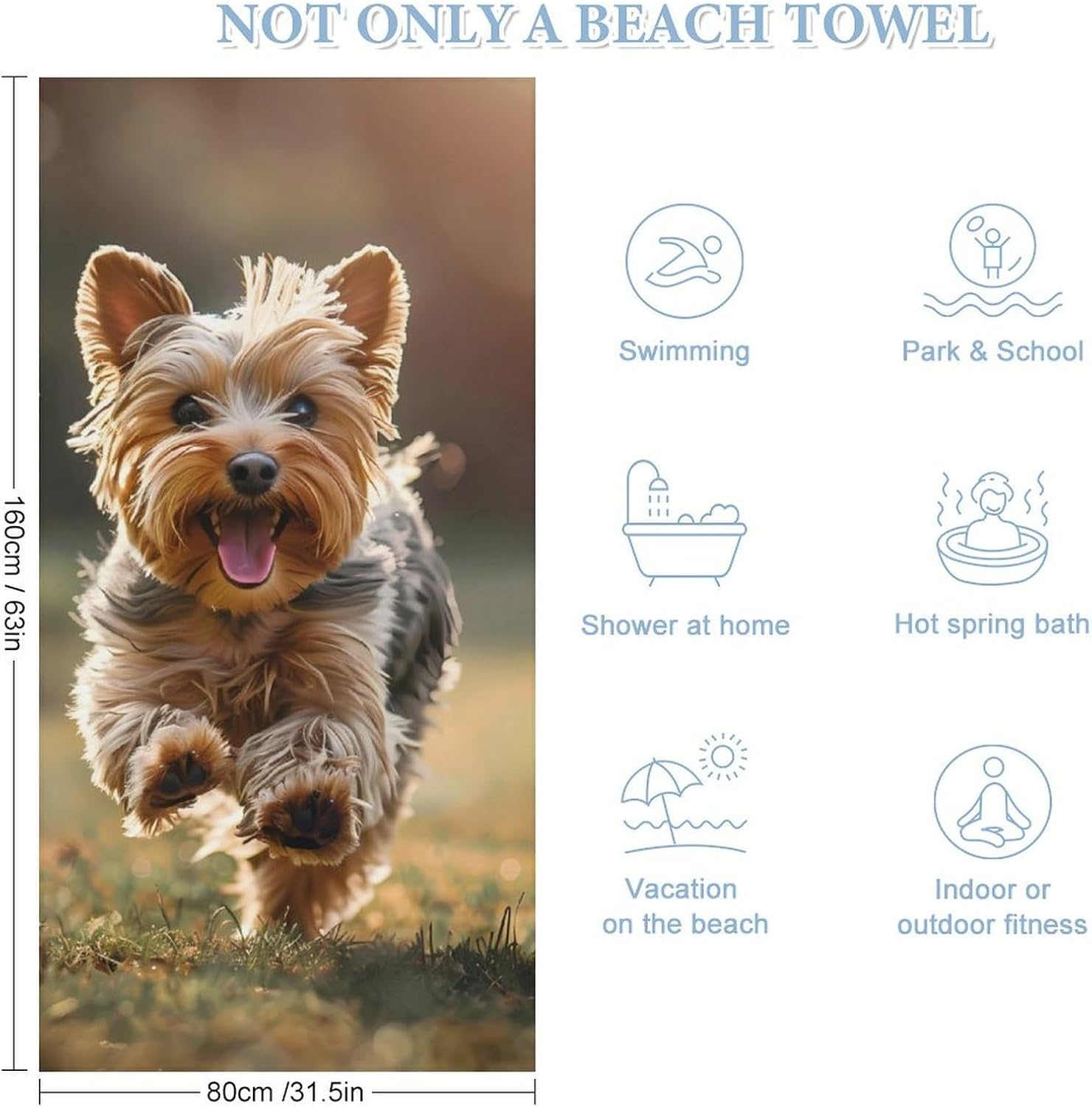 Cute Yorkshire Terrier Dog Bath Towel Beach Towels Quick Dry Oversized Bath Blanket Highly Absorbent Towel for Women Men 160x80cm