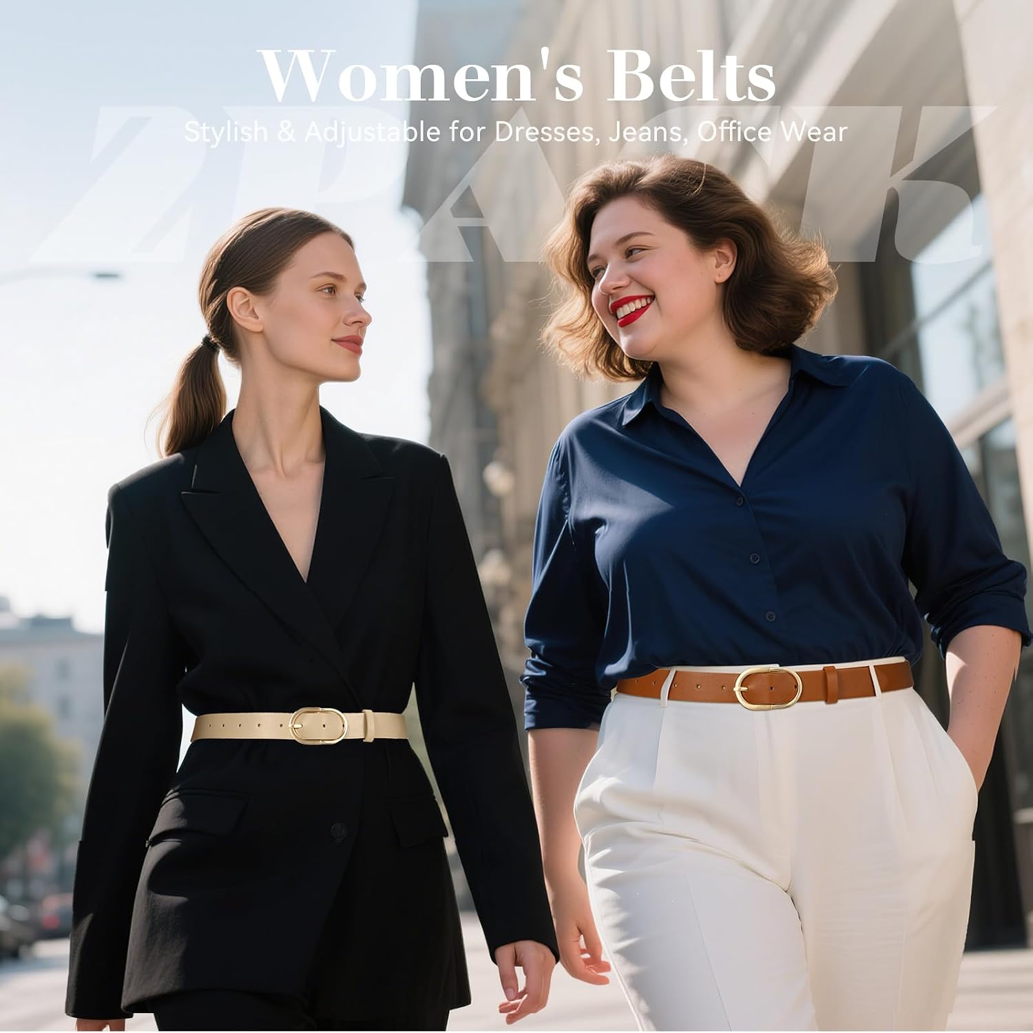 VONMELLI 2 Pack Women's Belts for Jeans Pants Fashion Gold Buckle Ladies Dress Belt image 2