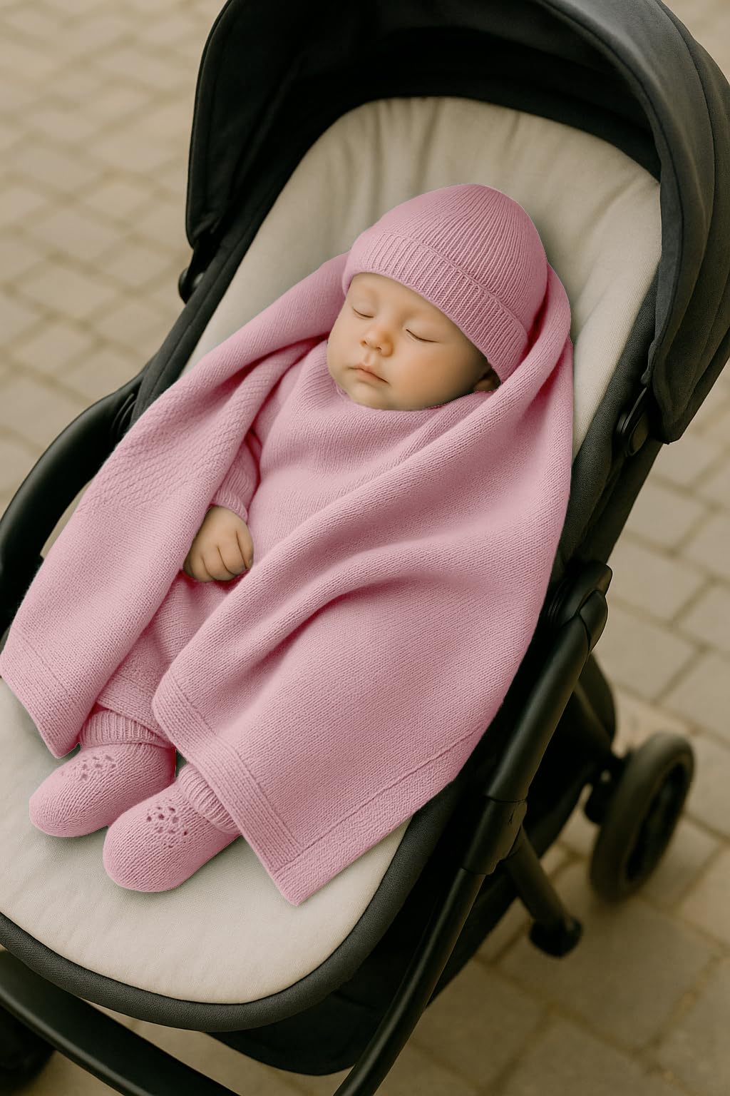 CLASSE77 Copertina in Lana Merino per Neonati con Babbucce e Cappello, Prodotto Artigianale, Made in Italy (Rosa)