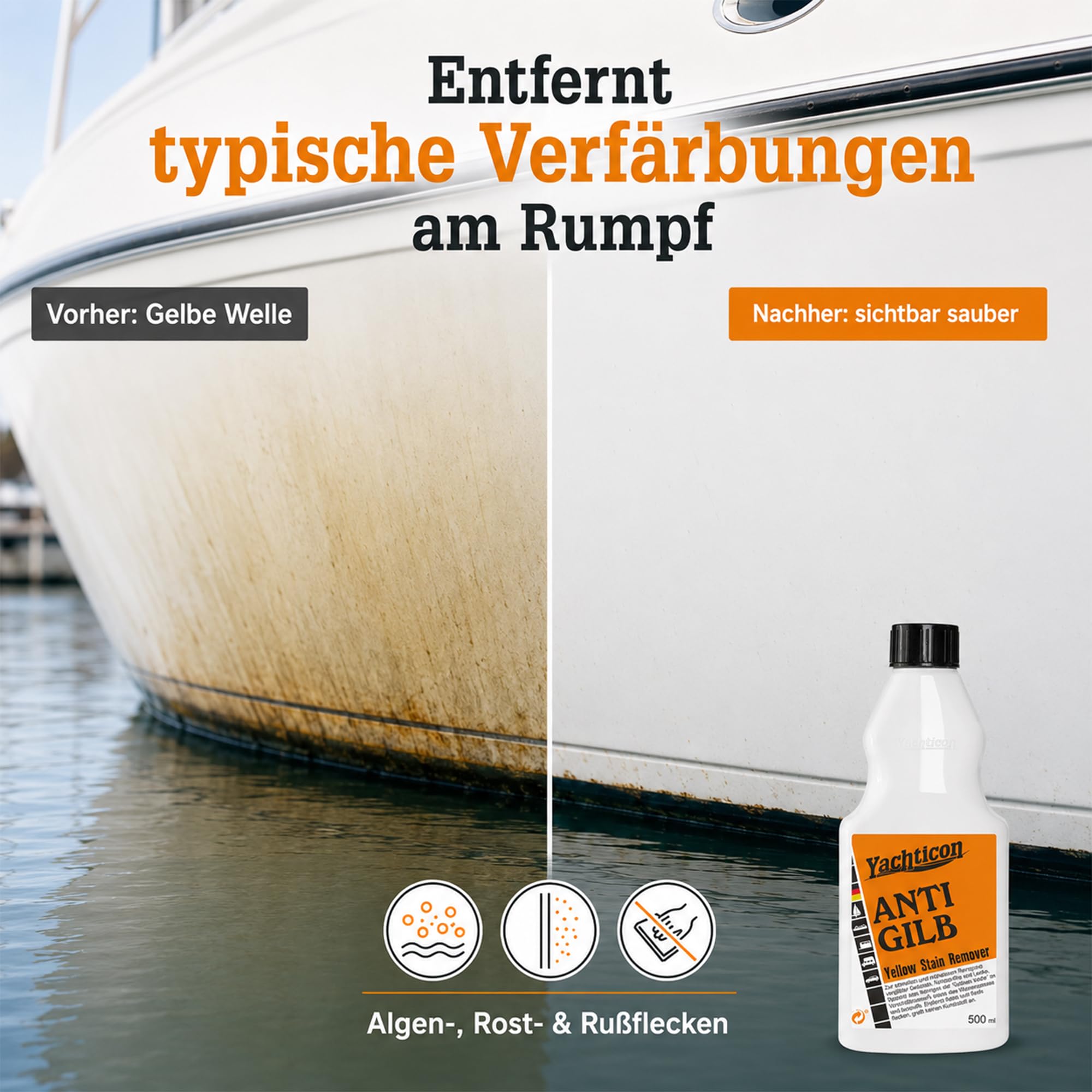 YACHTICON Anti Gilb Gelcoatreiniger, GFK Bootsreiniger für Yacht und Boot, Entfernt Vergilbungen am Wasserpass, Rumpfreiniger gegen Algen und Rost, Bootspflege Reinigungsmittel