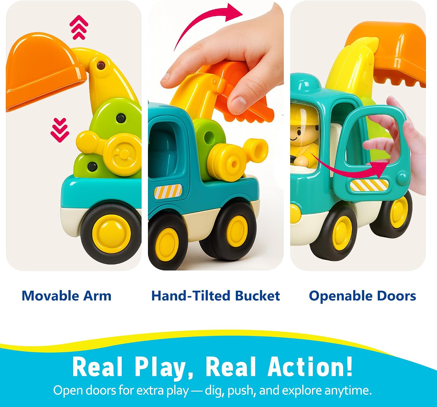 Baby Friction Powered Toy Cars with Lights and Music, Construction Excavator Trucks for Toddlers 1-3, Toy Vehicles for 1 2 Year Old Boys Girls, Infant Birthday